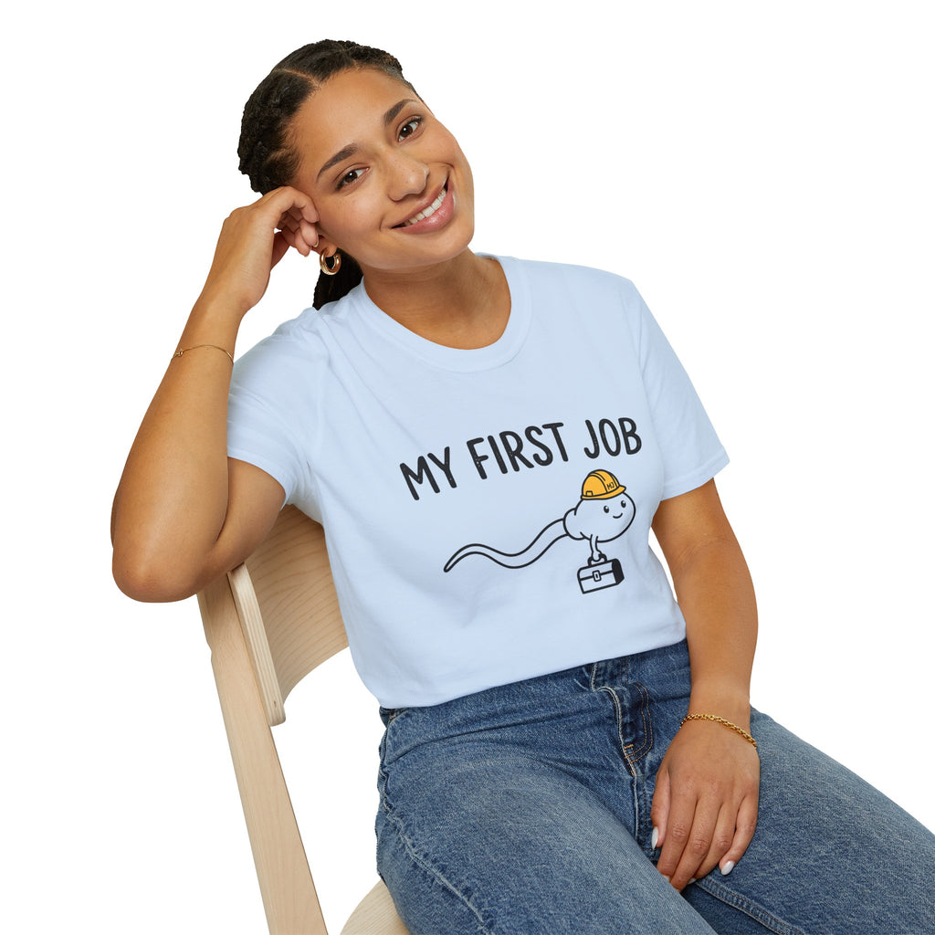 My First Job T-Shirt — Cute Sperm Cell Cartoon Construction Helmet Tee
