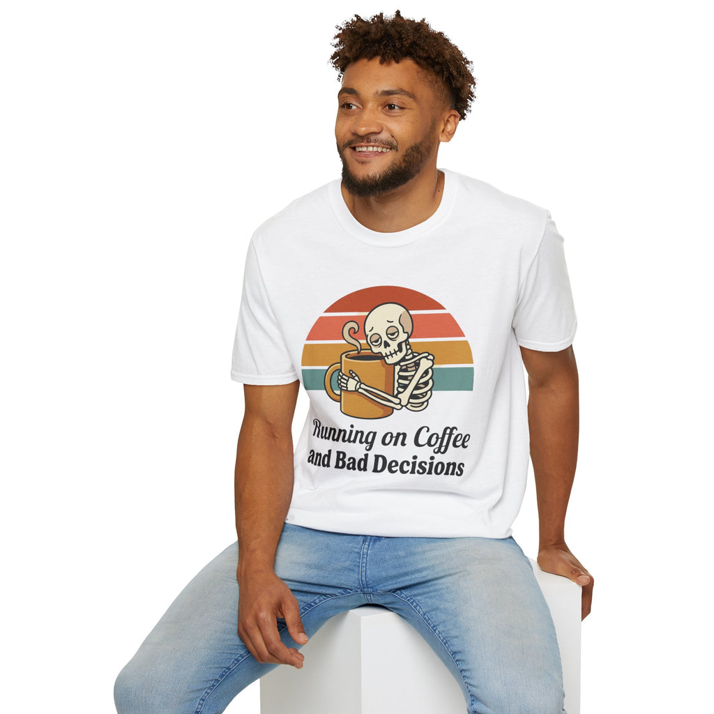 Running on Coffee and Bad Decisions T-Shirt — Retro Skeleton Coffee Tee