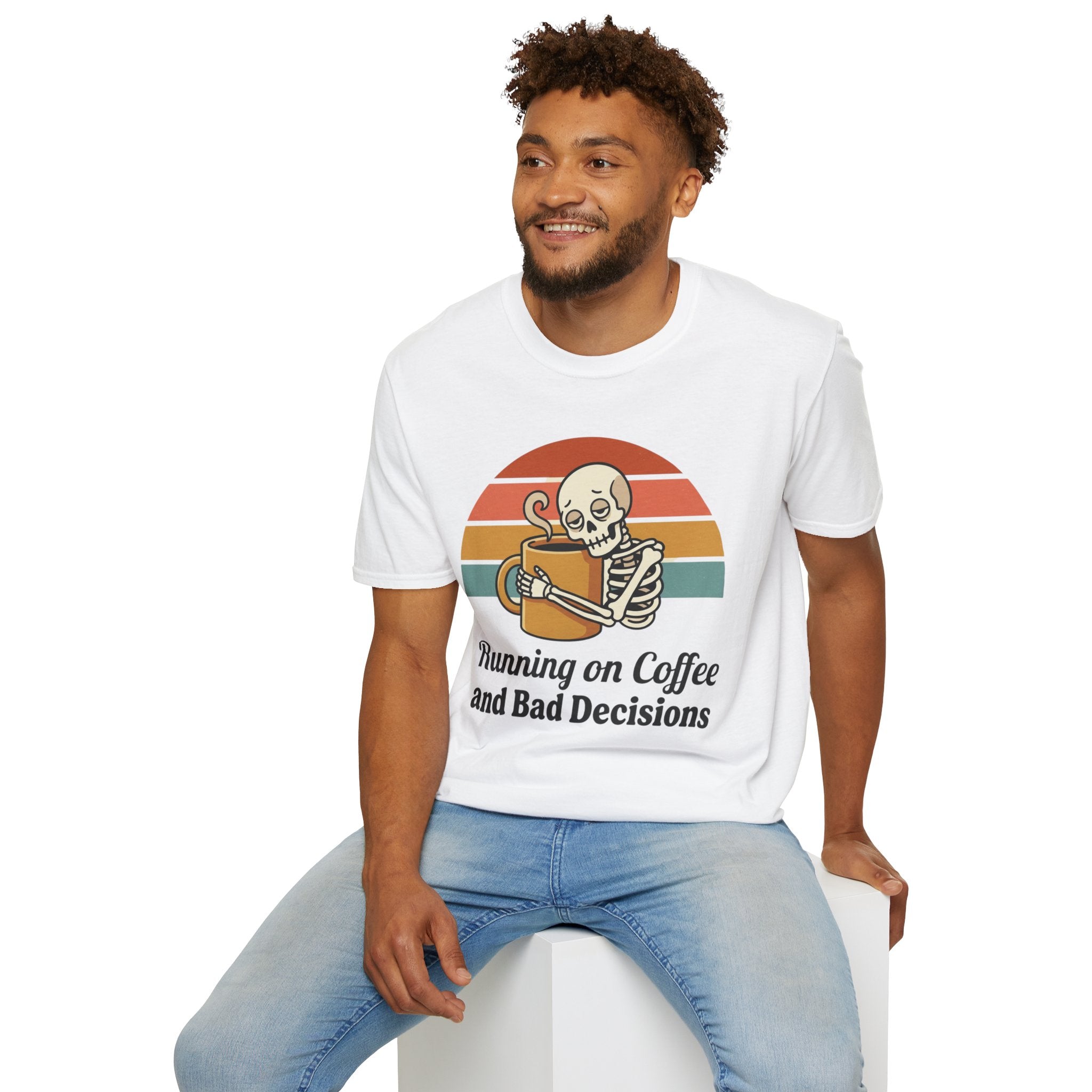 Running on Coffee and Bad Decisions T-Shirt — Retro Skeleton Coffee Tee