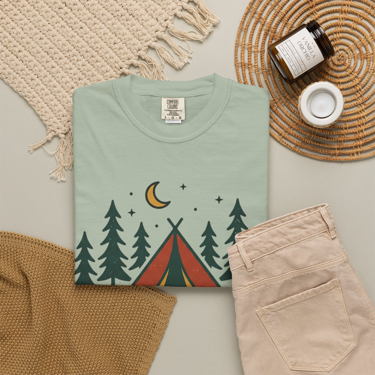 Camping T-Shirt — "Offline and Outside" Tent & Campfire Graphic