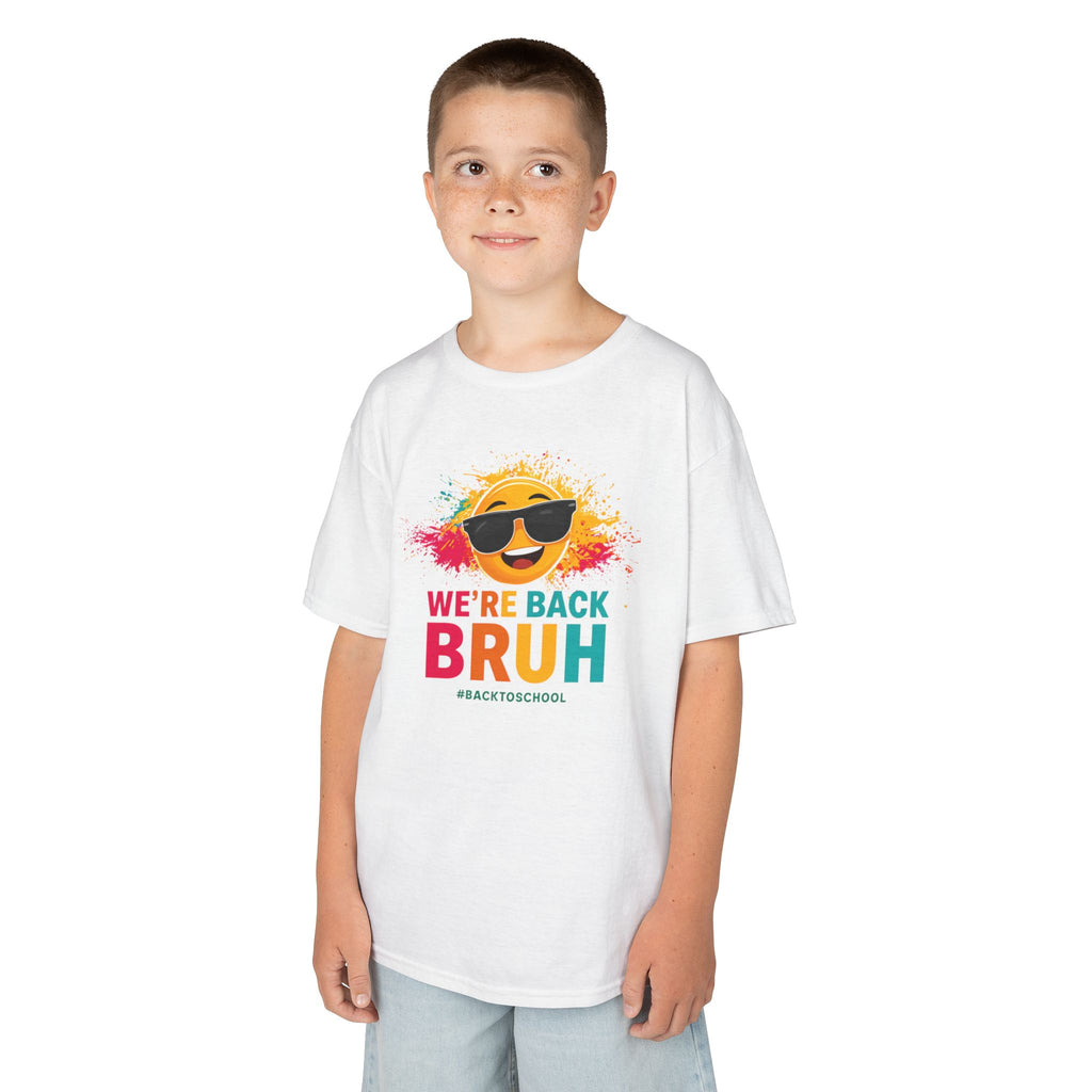 We're Back Bruh Kids Tee — Colorful Sunny Sunglasses Graphic Shirt for Kids