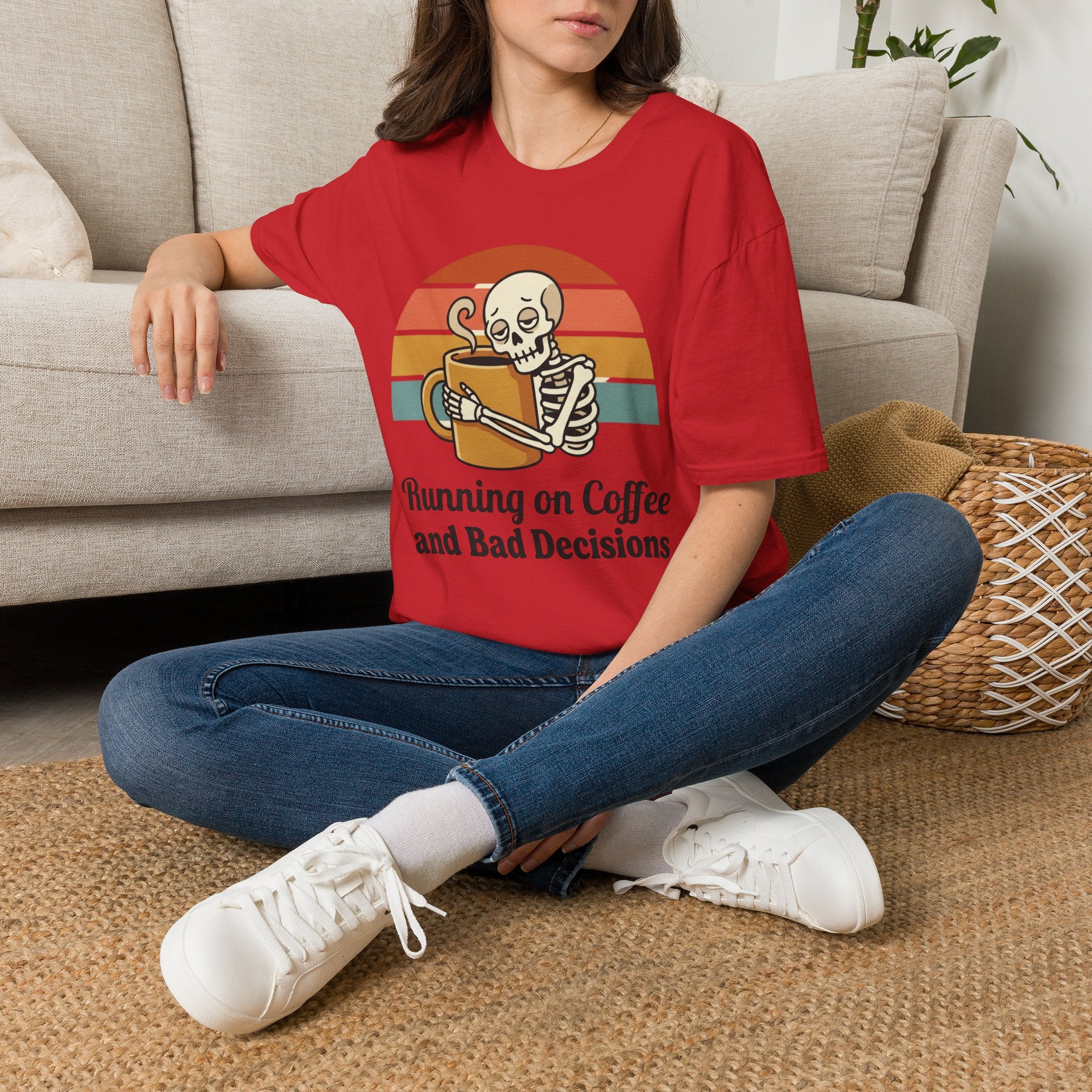 Running on Coffee and Bad Decisions T-Shirt — Retro Skeleton Coffee Tee