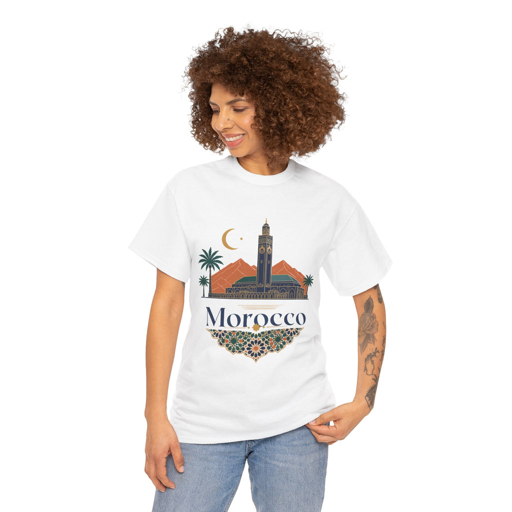 Morocco Travel T-Shirt — Atlas Mountains & Koutoubia Mosque Graphic Tee