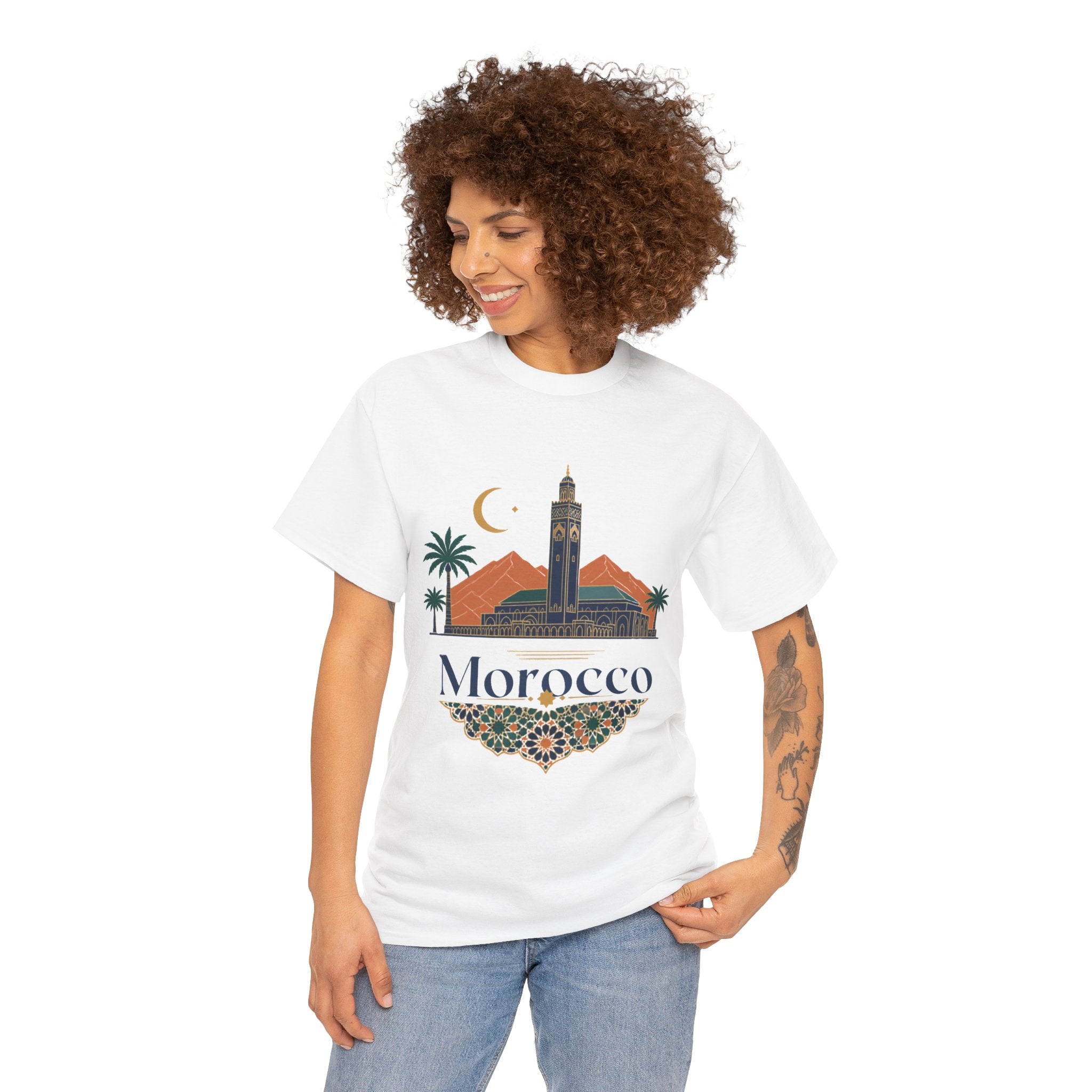 Morocco Travel T-Shirt — Atlas Mountains & Koutoubia Mosque Graphic Tee