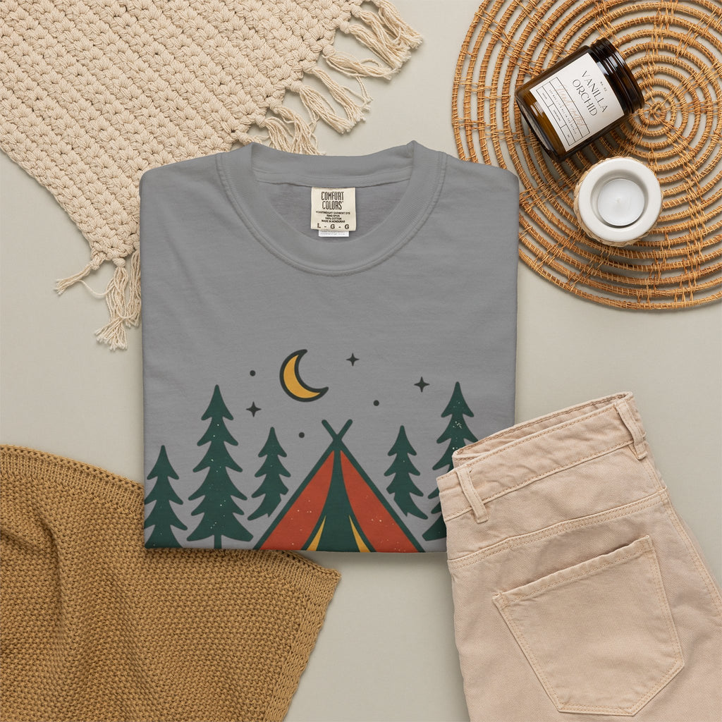 Camping T-Shirt — "Offline and Outside" Tent & Campfire Graphic