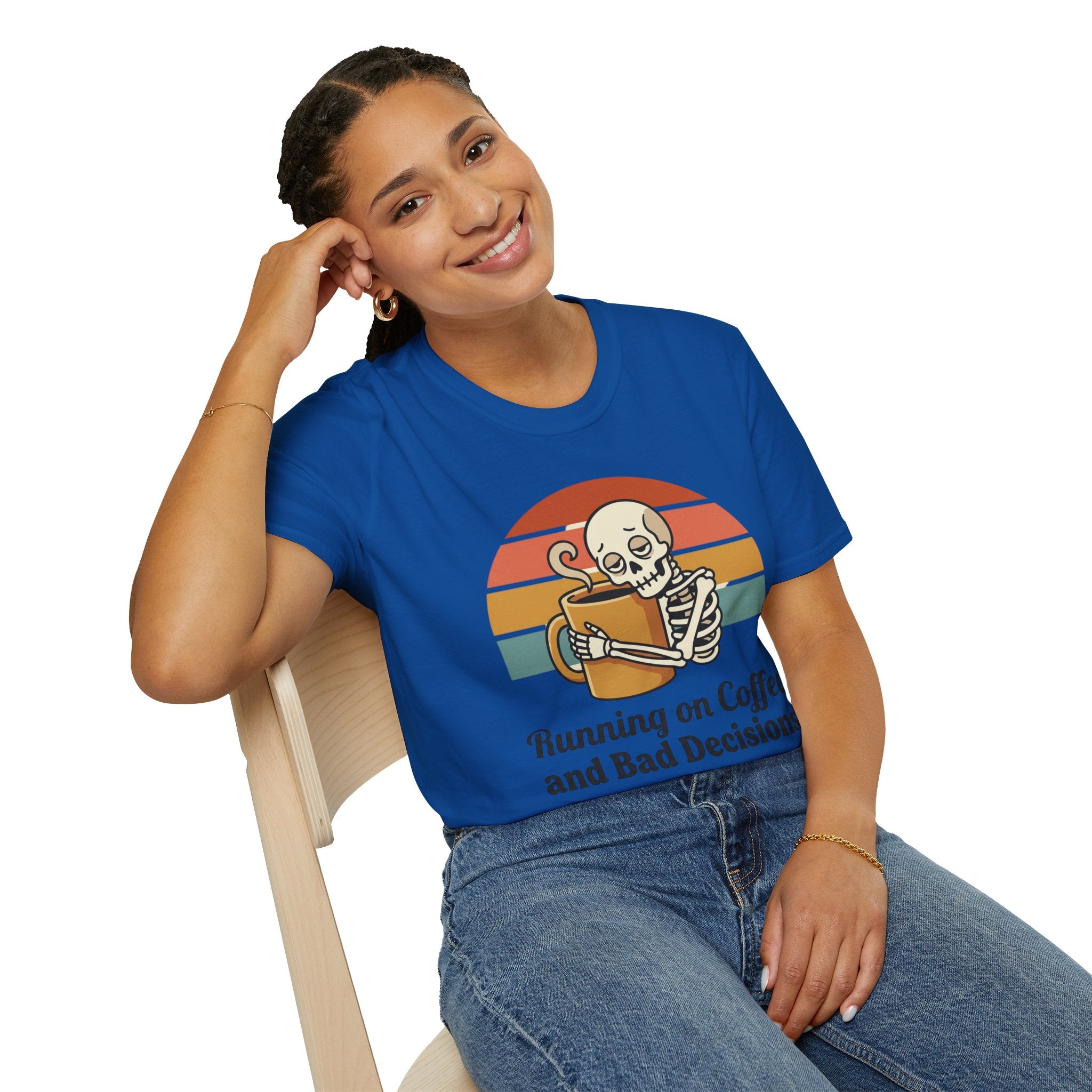 Running on Coffee and Bad Decisions T-Shirt — Retro Skeleton Coffee Tee