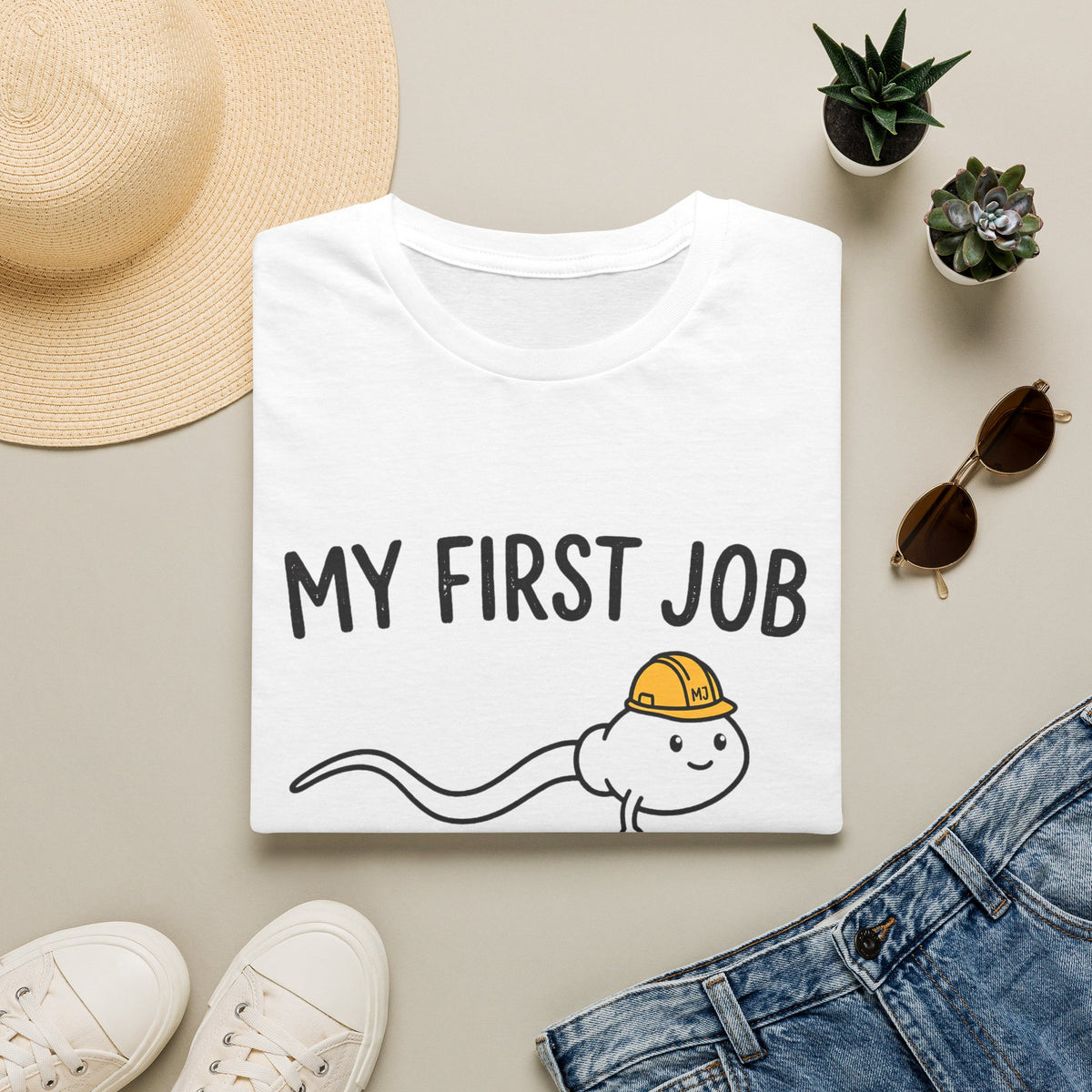 My First Job T-Shirt — Cute Sperm Cell Cartoon Construction Helmet Tee