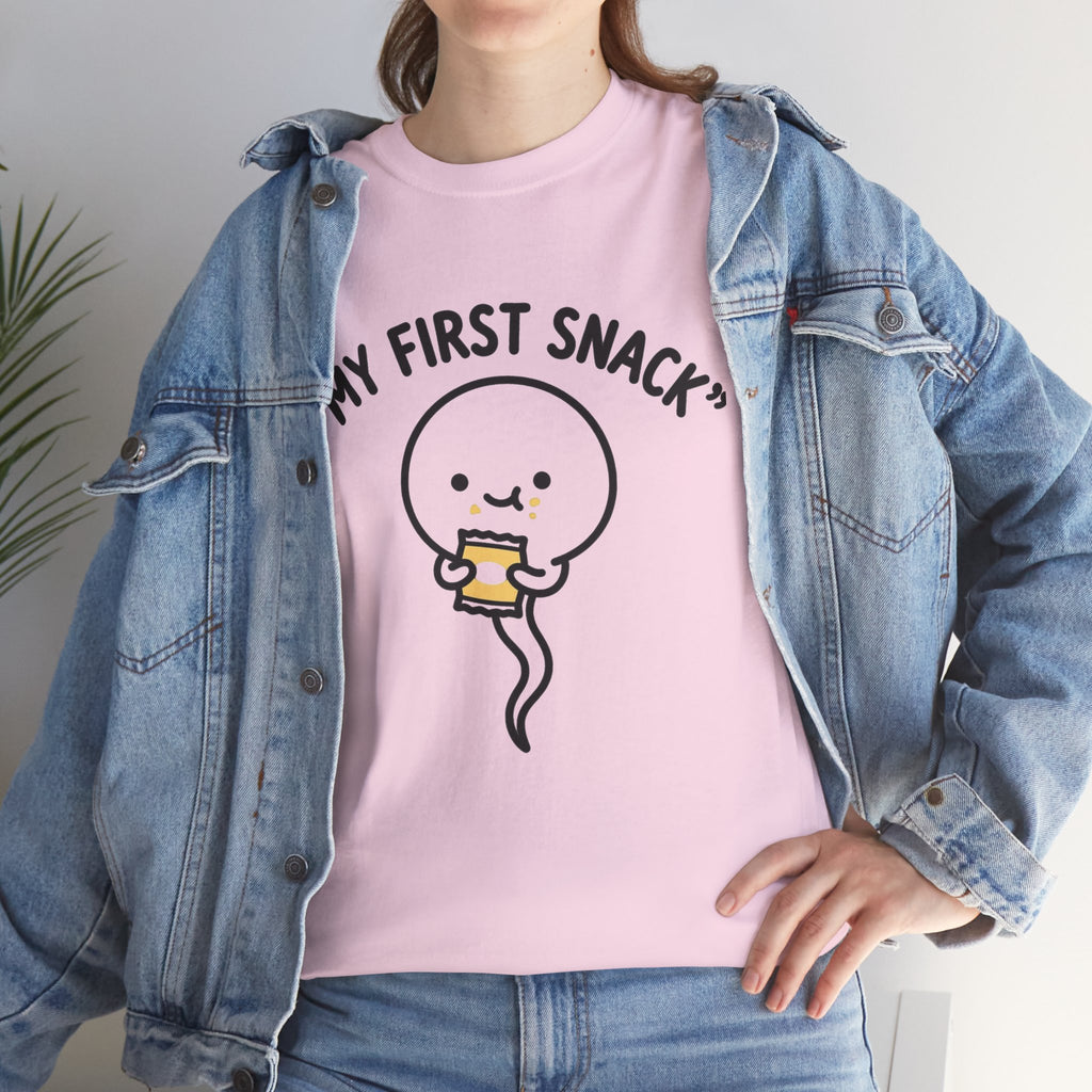 My First Snack Cute Sperm Graphic Tee — Funny Pregnancy Announcement Shirt