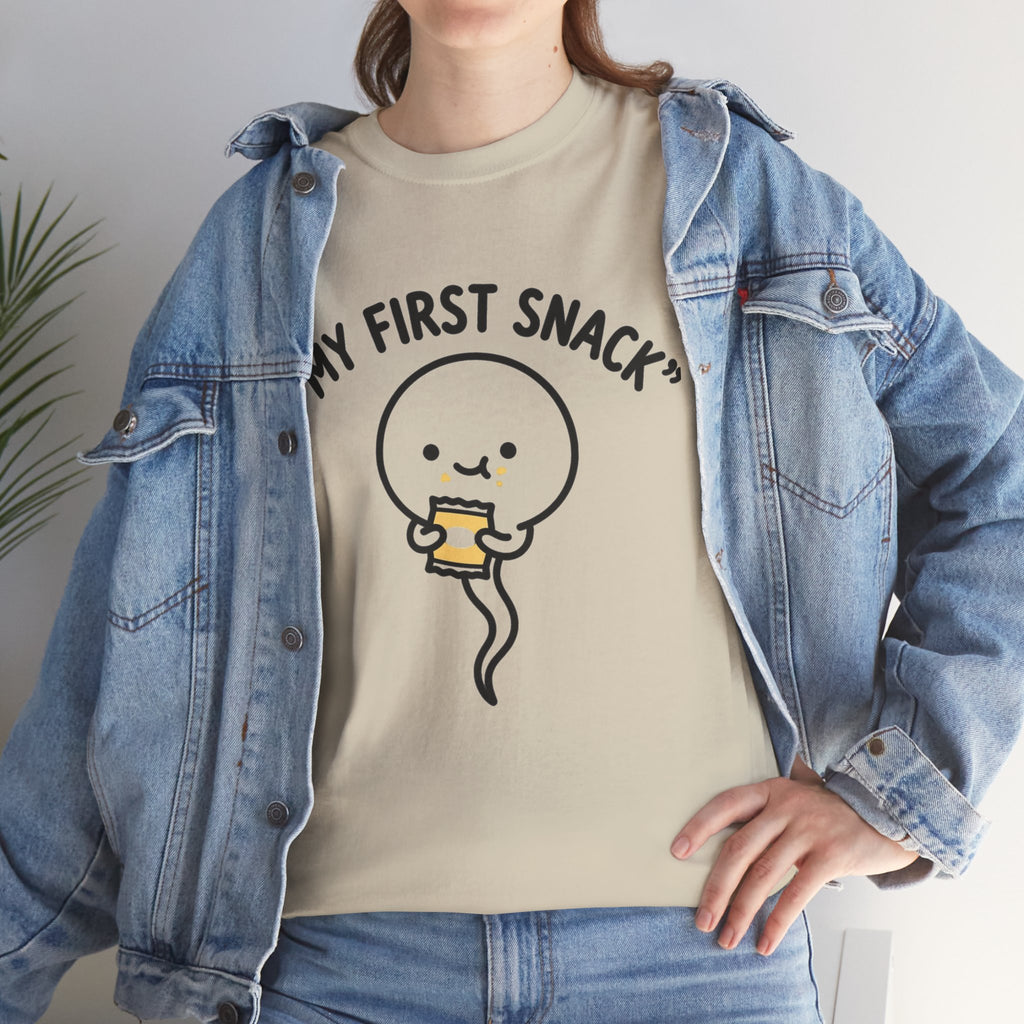 My First Snack Cute Sperm Graphic Tee — Funny Pregnancy Announcement Shirt