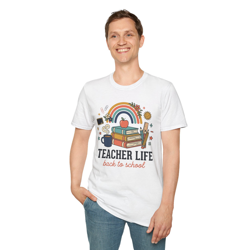 Teacher Life Back to School T-Shirt — Rainbow Books & Apple Graphic