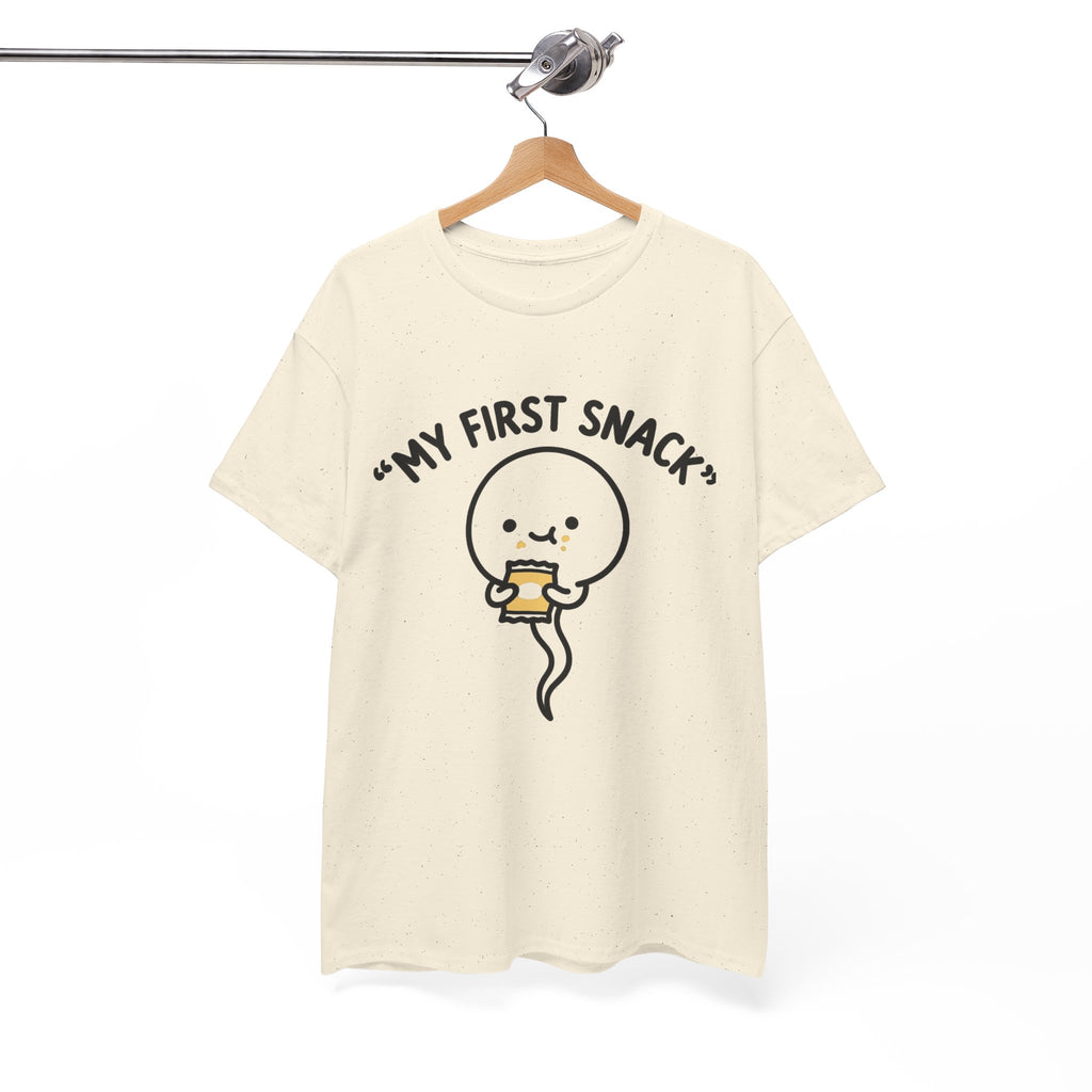 My First Snack Cute Sperm Graphic Tee — Funny Pregnancy Announcement Shirt