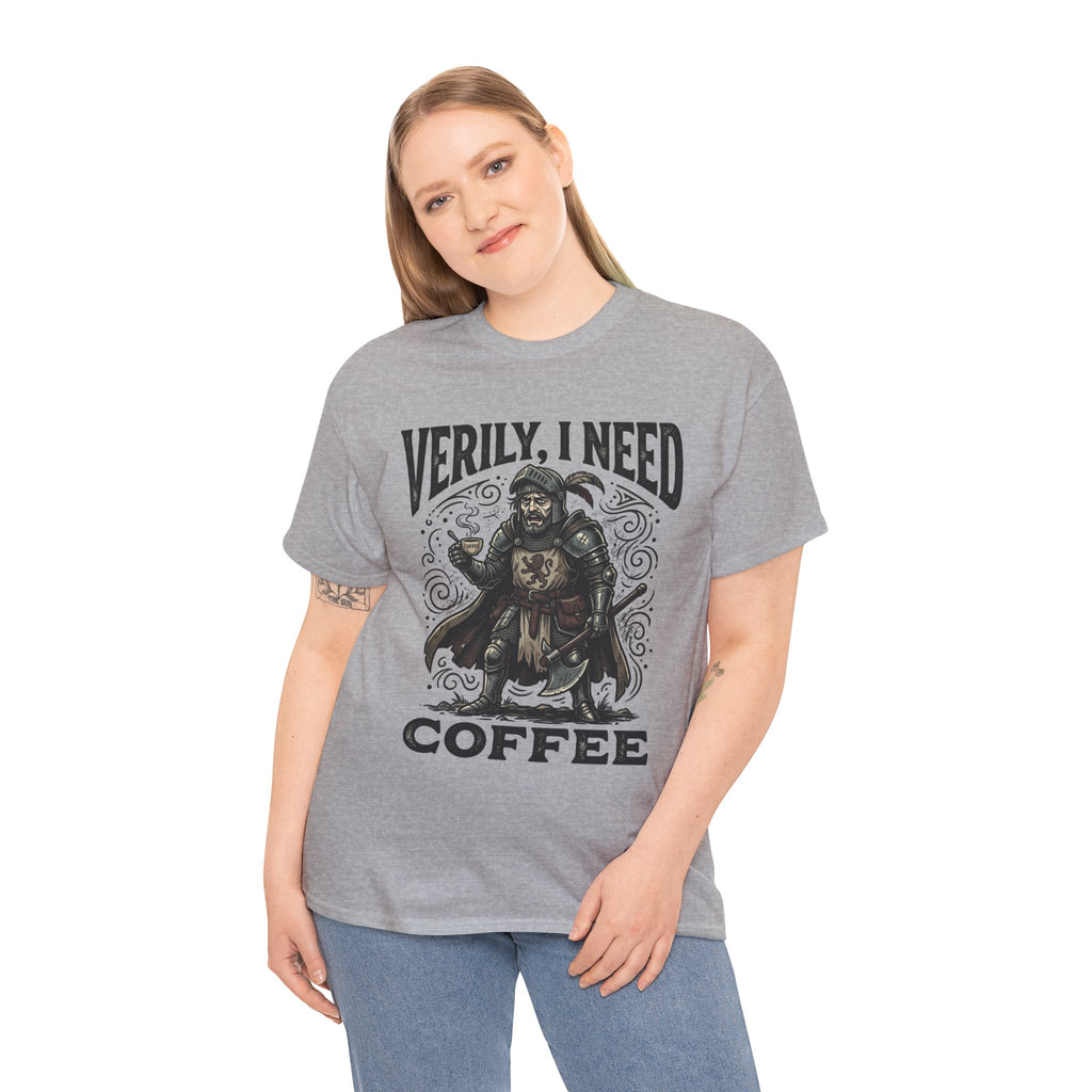 Coffee Viking T‑Shirt — “Verily, I Need Coffee” Medieval Warrior Tee