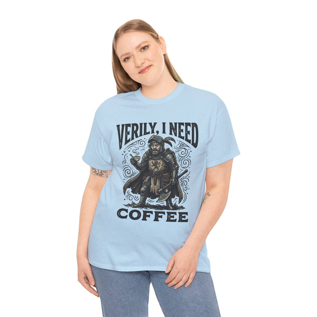 Coffee Viking T‑Shirt — “Verily, I Need Coffee” Medieval Warrior Tee