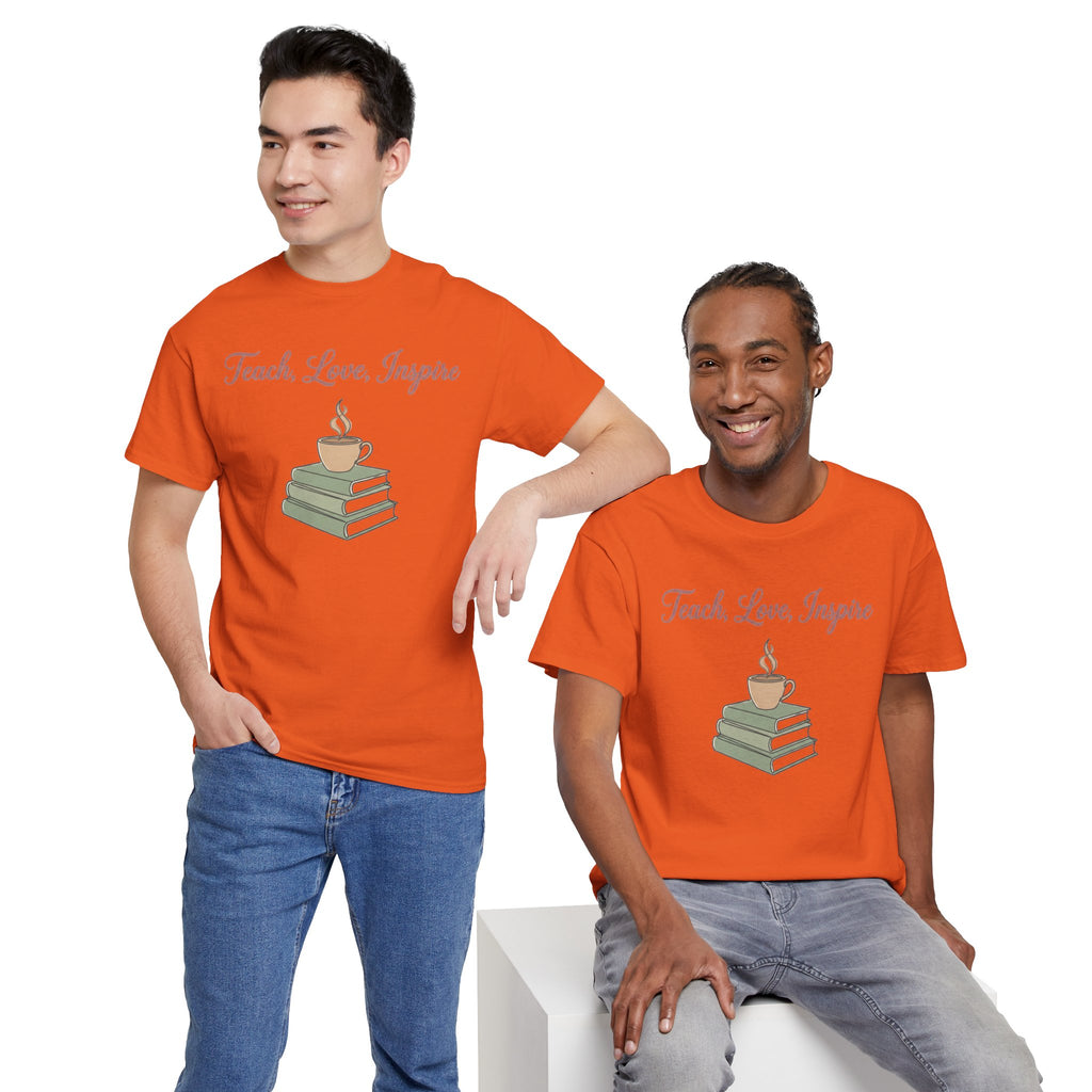 Teacher Tee — "Teach, Love, Inspire" Book & Coffee Graphic T-Shirt