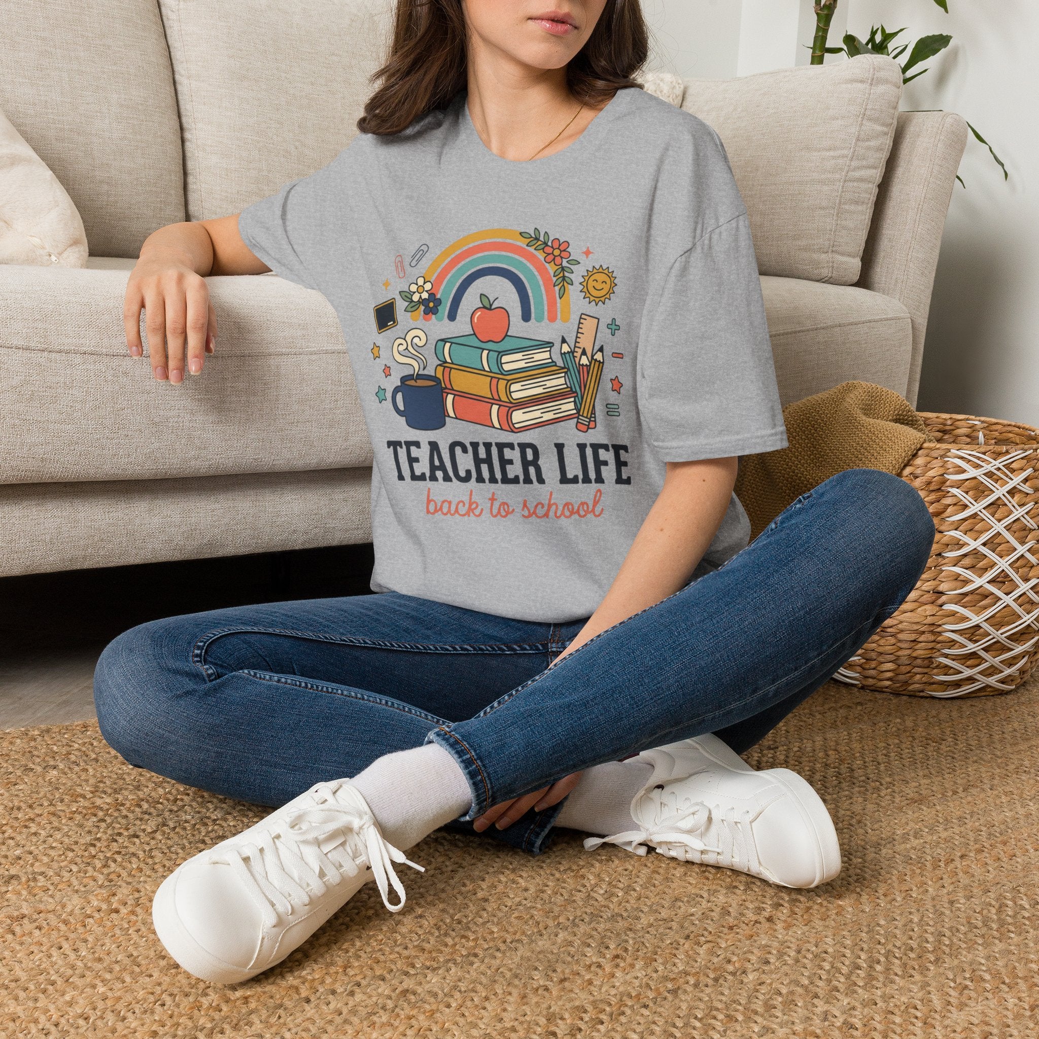 Teacher Life Back to School T-Shirt — Rainbow Books & Apple Graphic