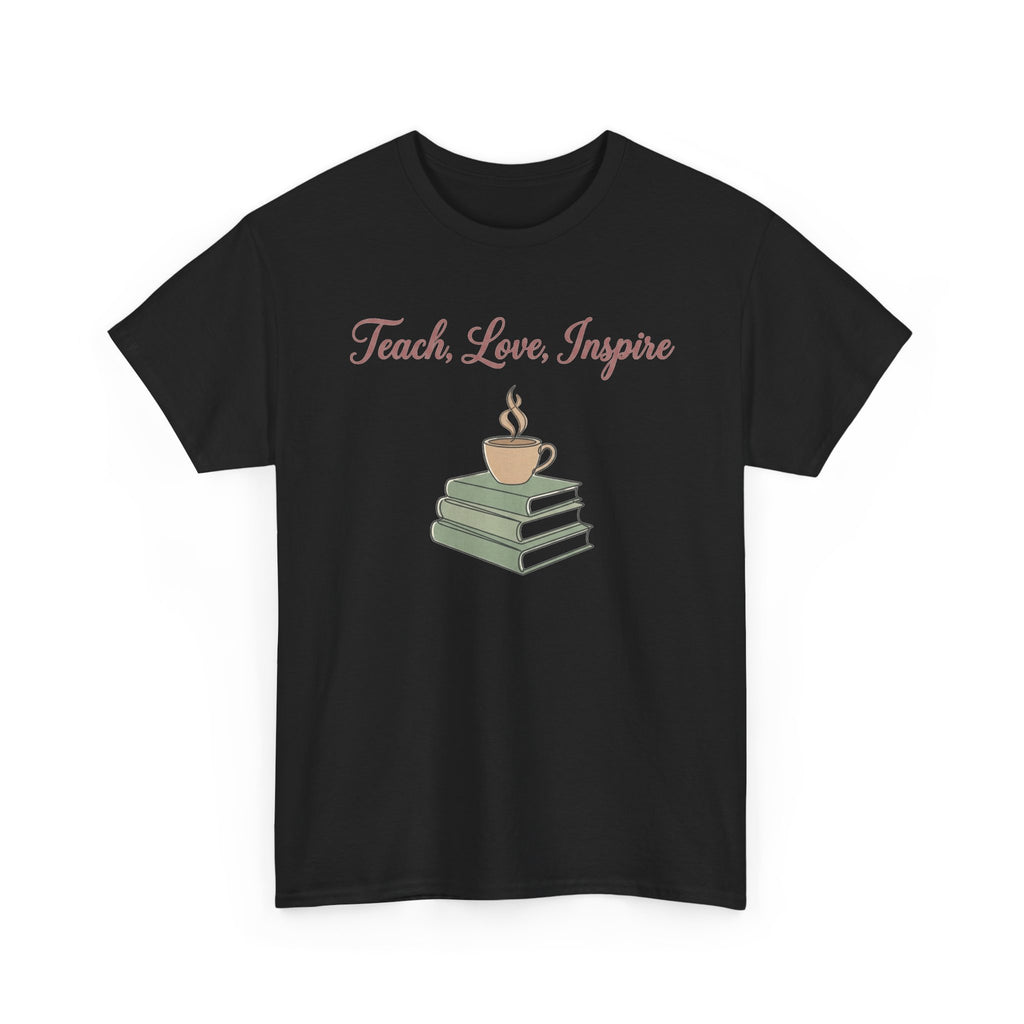 Teacher Tee — "Teach, Love, Inspire" Book & Coffee Graphic T-Shirt