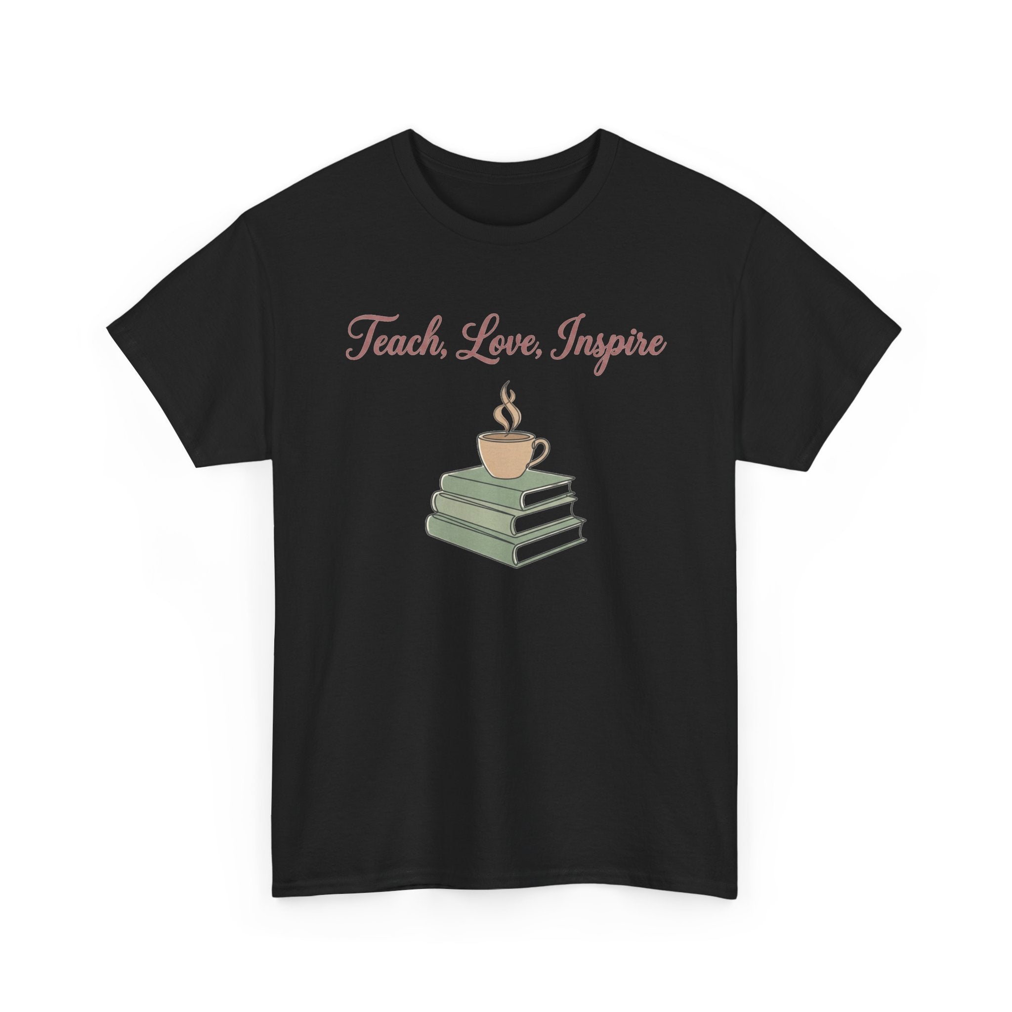 Teacher Tee — "Teach, Love, Inspire" Book & Coffee Graphic T-Shirt