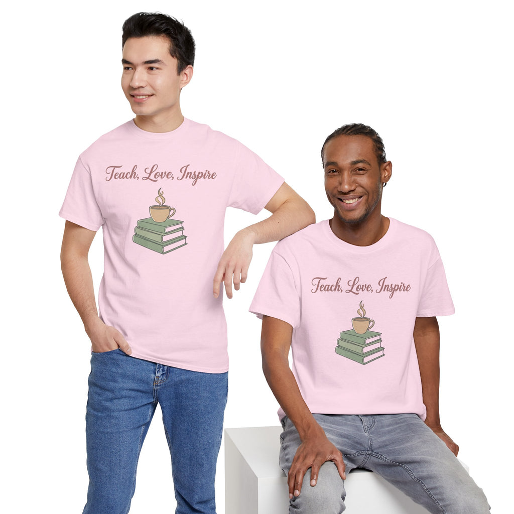 Teacher Tee — "Teach, Love, Inspire" Book & Coffee Graphic T-Shirt