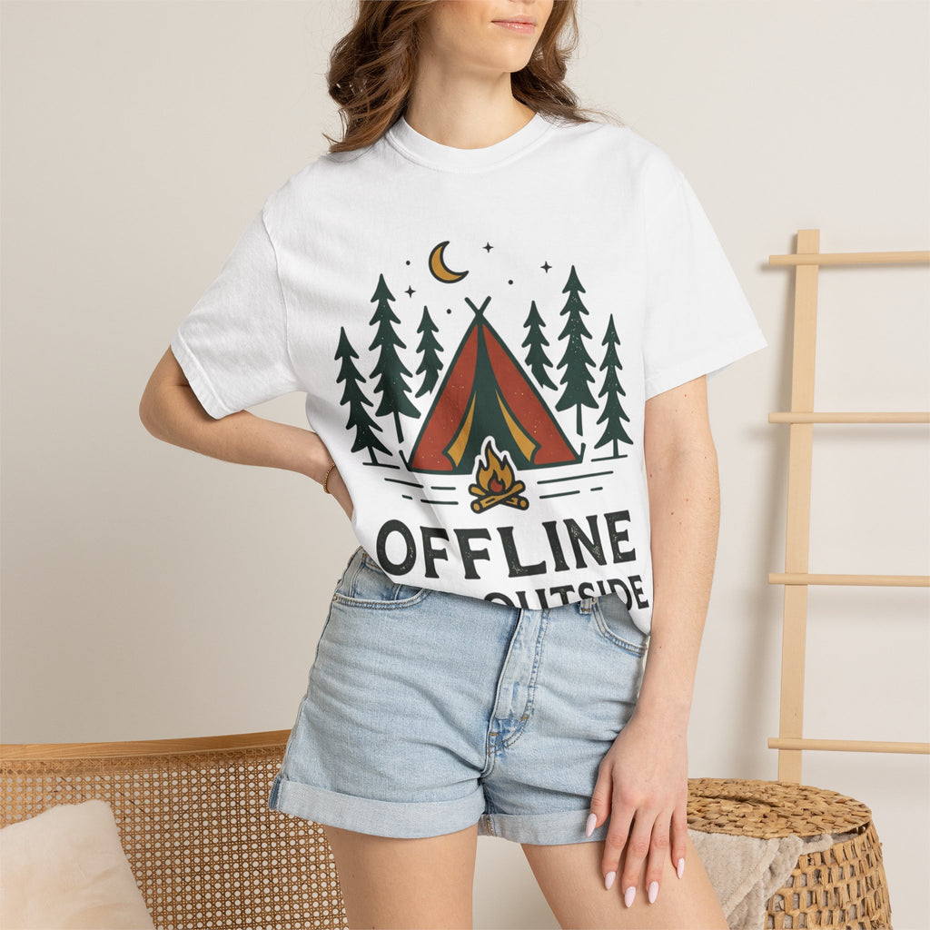 Camping T-Shirt — "Offline and Outside" Tent & Campfire Graphic