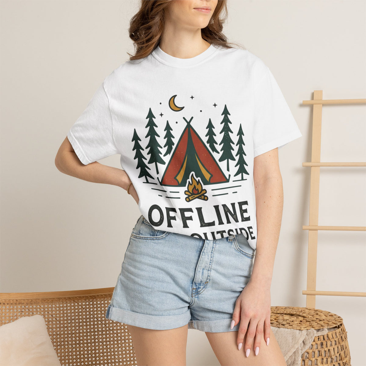 Camping T-Shirt — "Offline and Outside" Tent & Campfire Graphic