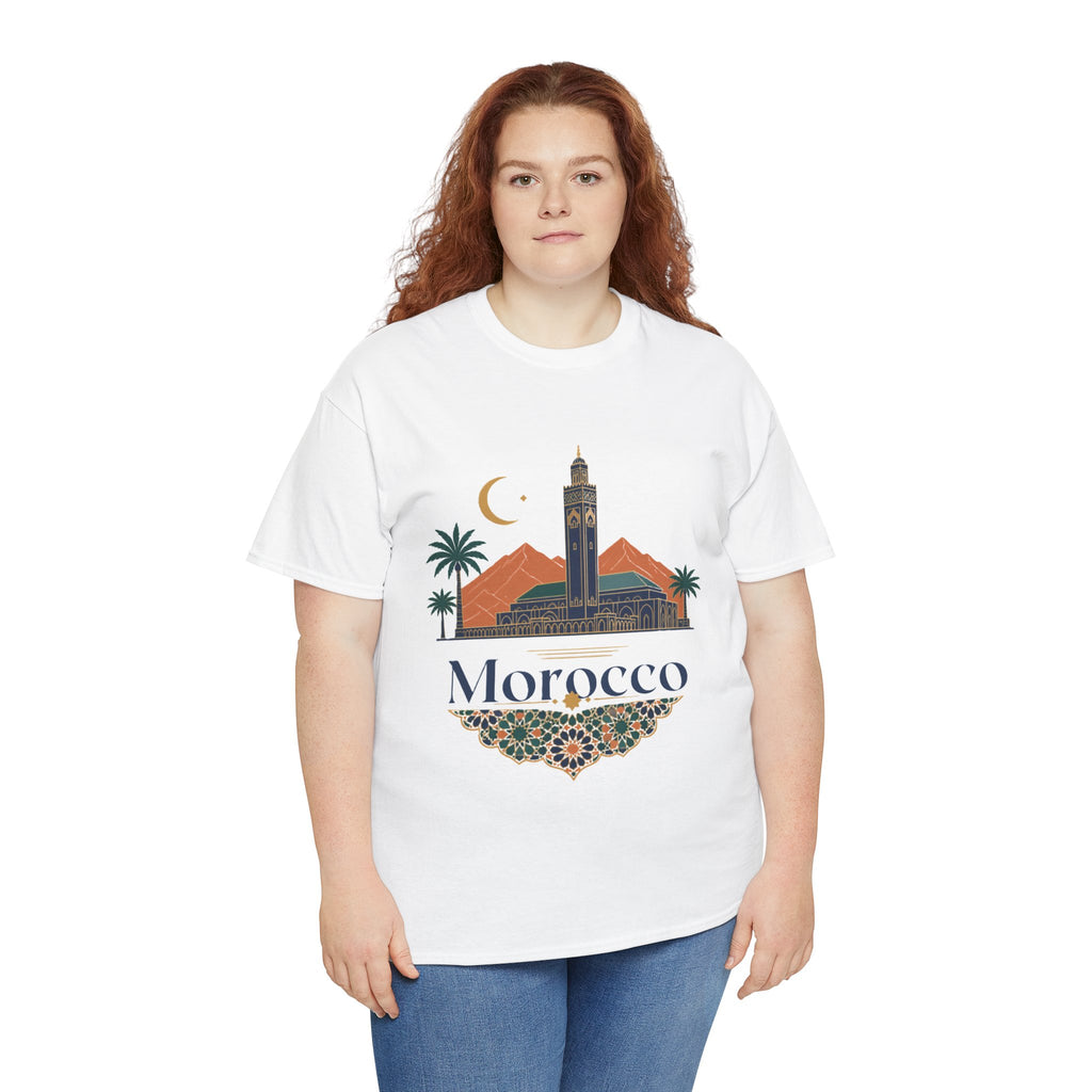 Morocco Travel T-Shirt — Atlas Mountains & Koutoubia Mosque Graphic Tee
