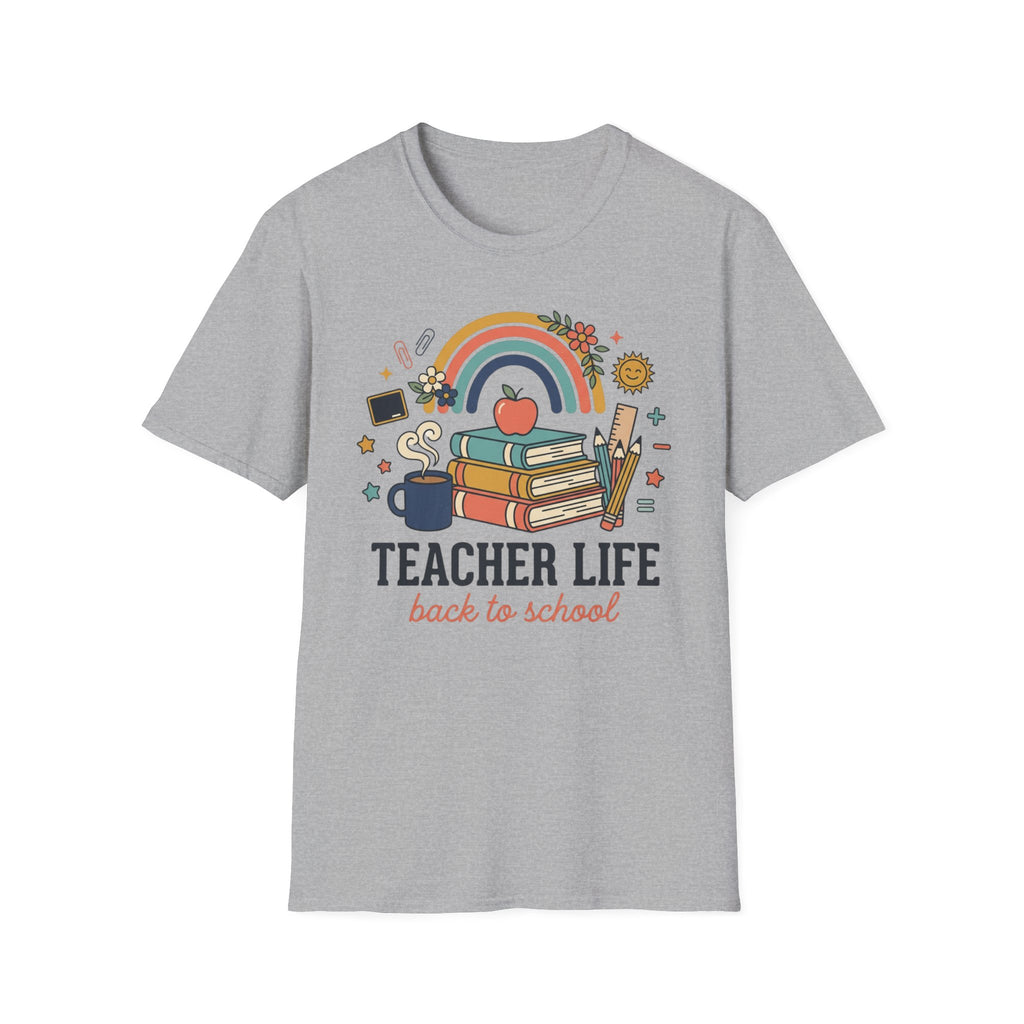 Teacher Life Back to School T-Shirt — Rainbow Books & Apple Graphic
