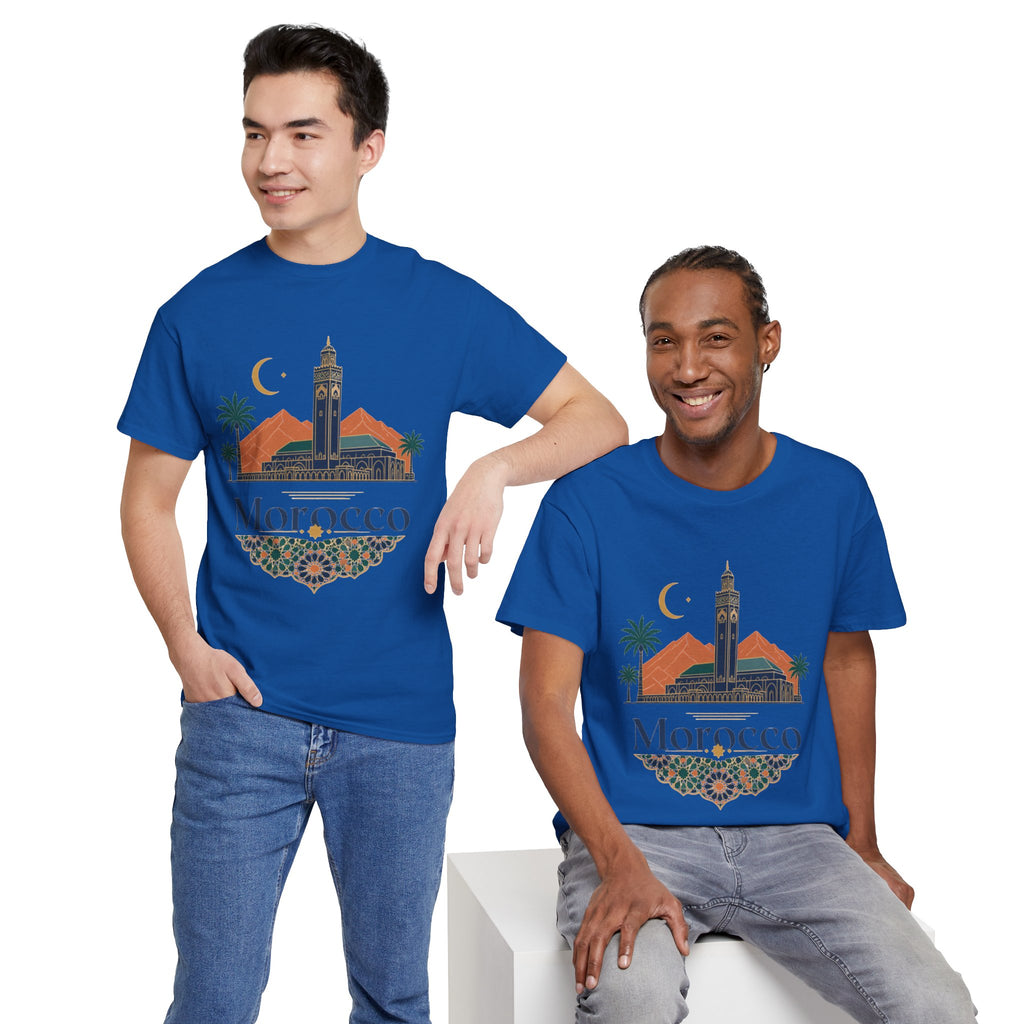 Morocco Travel T-Shirt — Atlas Mountains & Koutoubia Mosque Graphic Tee