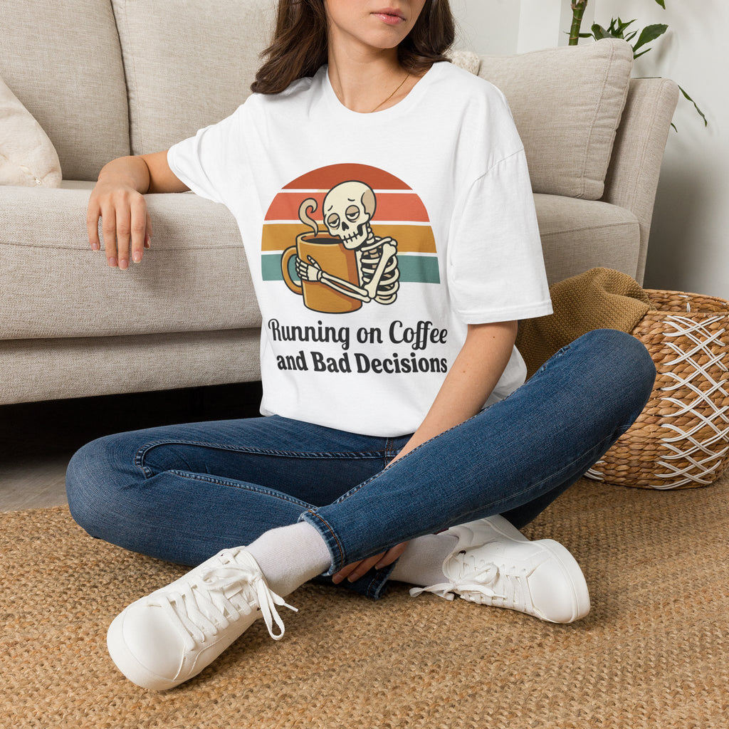 Running on Coffee and Bad Decisions T-Shirt — Retro Skeleton Coffee Tee