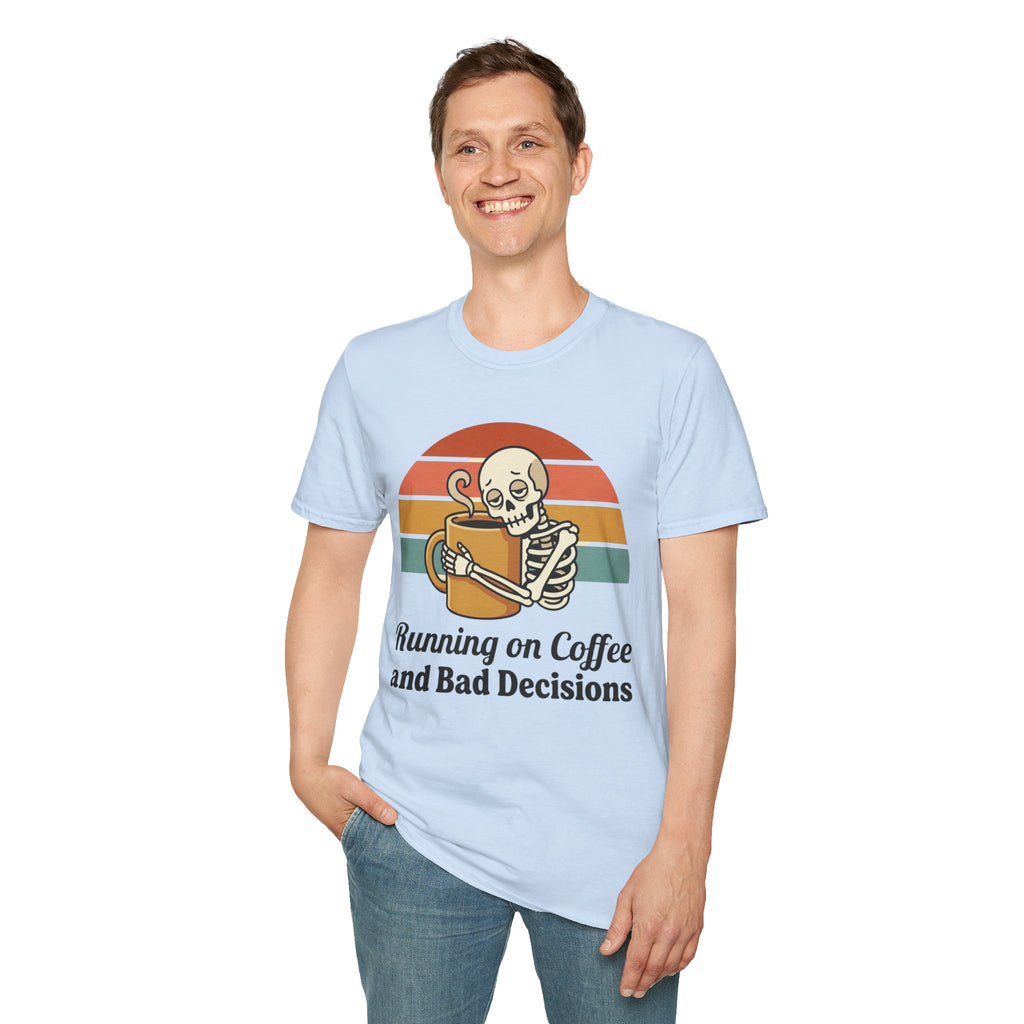Running on Coffee and Bad Decisions T-Shirt — Retro Skeleton Coffee Tee