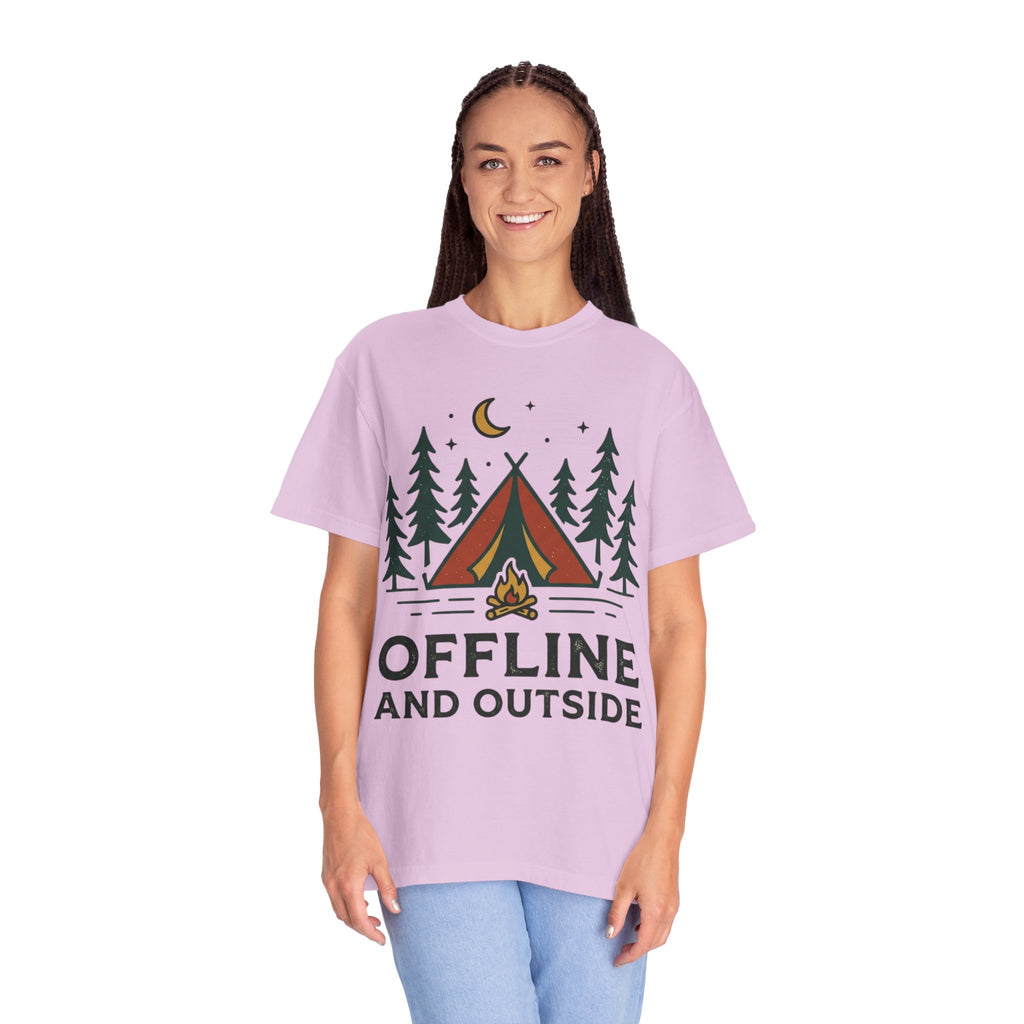 Camping T-Shirt — "Offline and Outside" Tent & Campfire Graphic