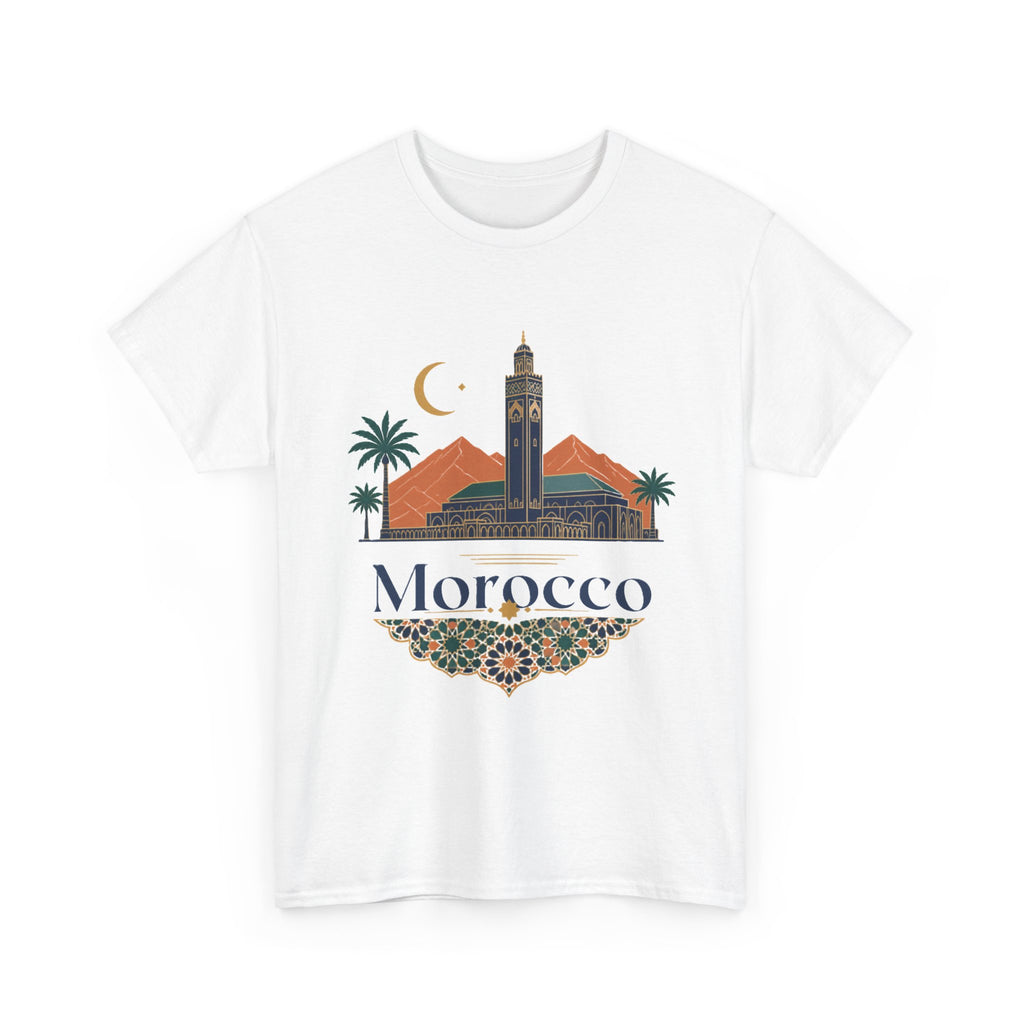Morocco Travel T-Shirt — Atlas Mountains & Koutoubia Mosque Graphic Tee