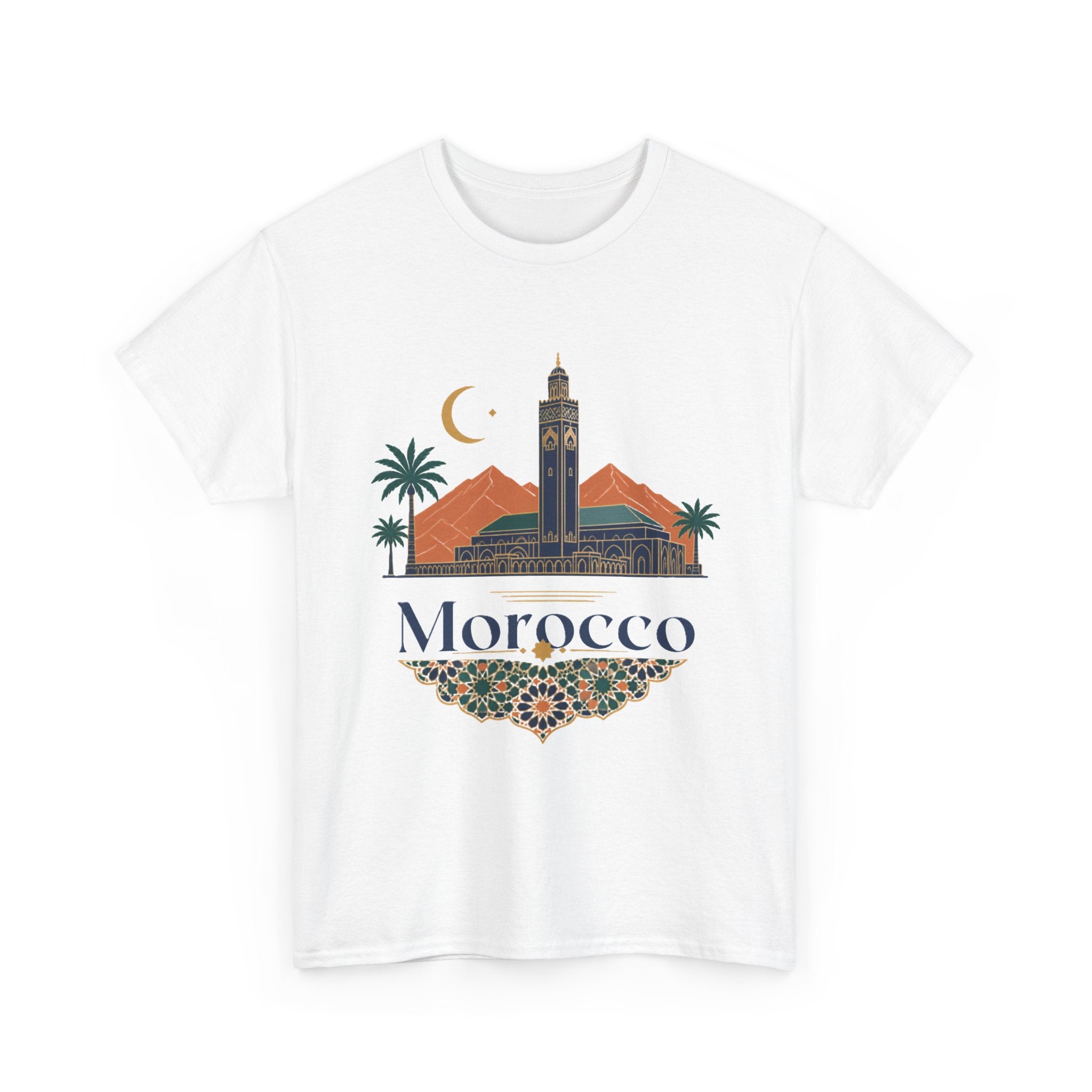 Morocco Travel T-Shirt — Atlas Mountains & Koutoubia Mosque Graphic Tee