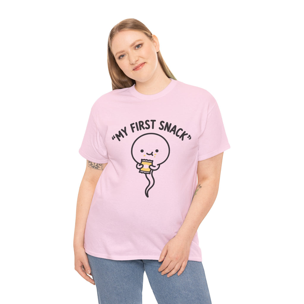My First Snack Cute Sperm Graphic Tee — Funny Pregnancy Announcement Shirt