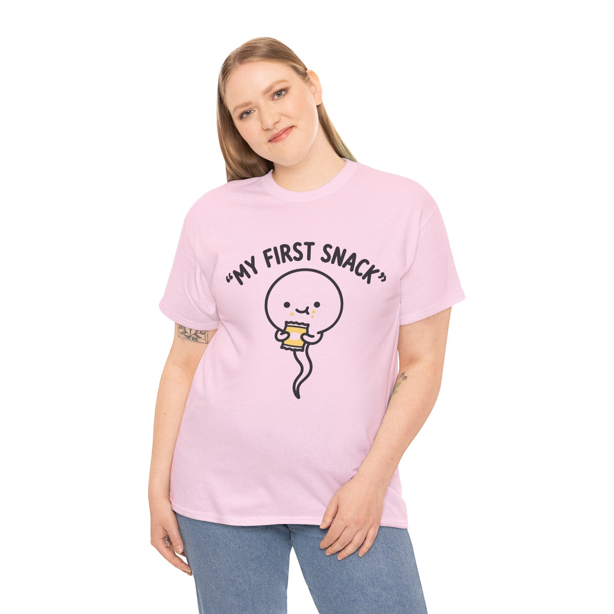 My First Snack Cute Sperm Graphic Tee — Funny Pregnancy Announcement Shirt