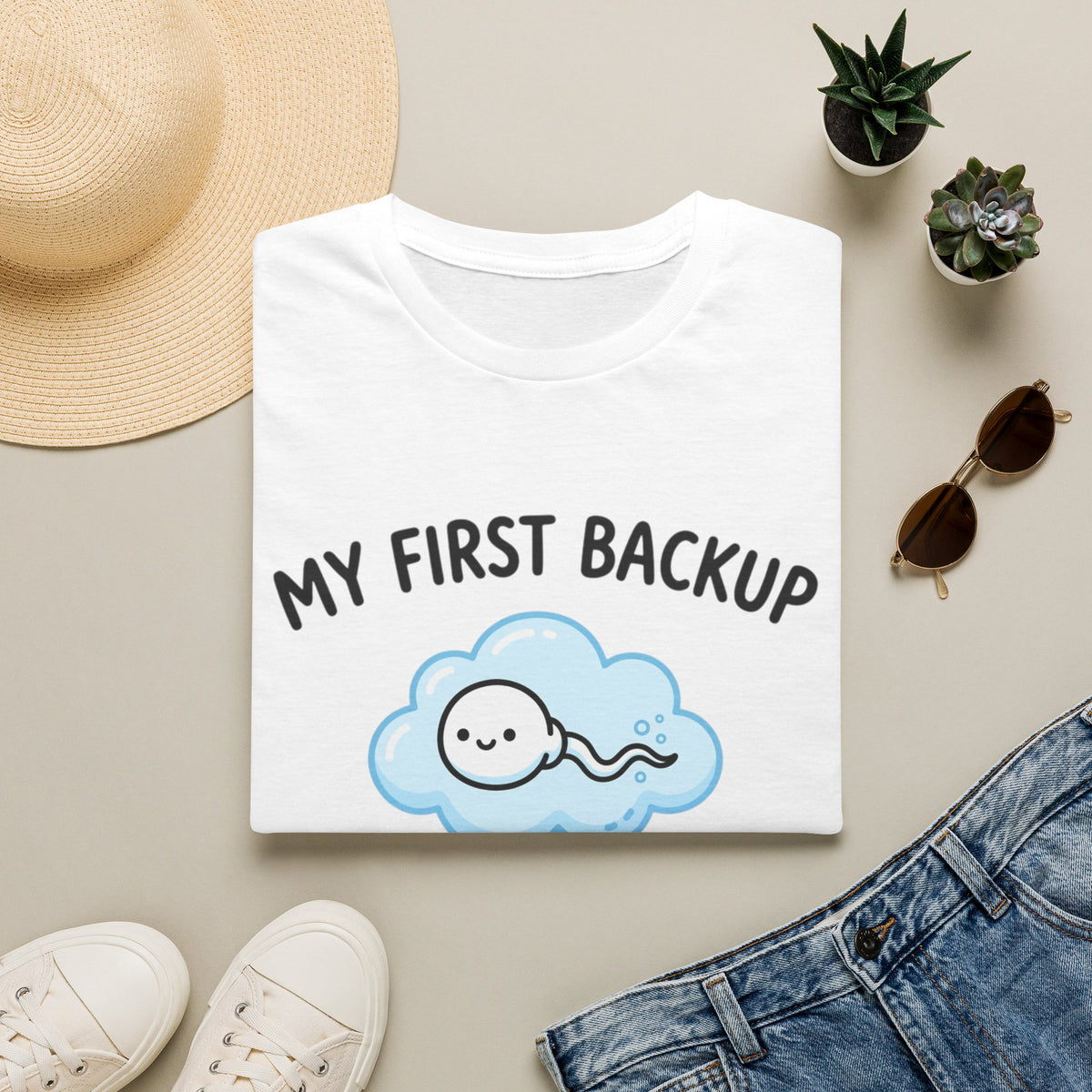 T-Shirt — "My First Backup" Cute Sperm Cloud Graphic Tee | Fertility & IVF Announcement Gift