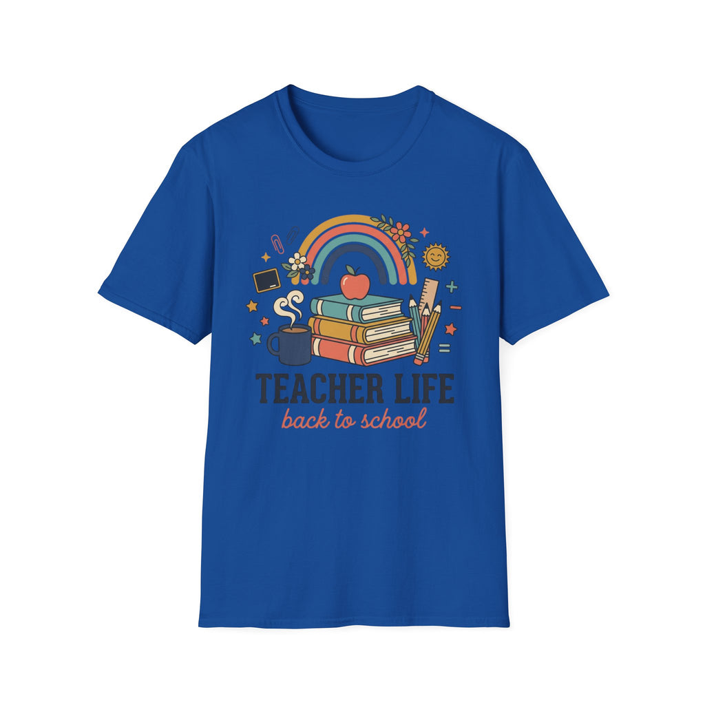 Teacher Life Back to School T-Shirt — Rainbow Books & Apple Graphic
