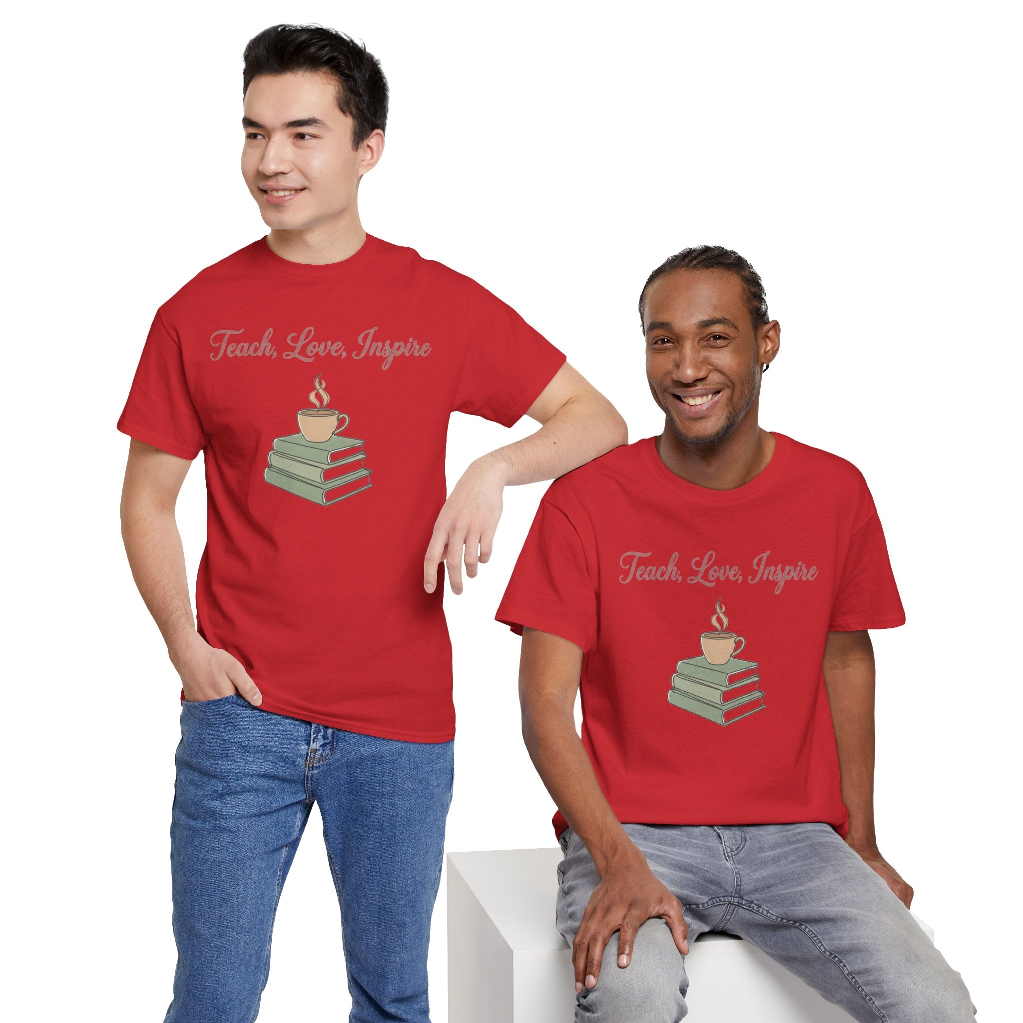 Teacher Tee — "Teach, Love, Inspire" Book & Coffee Graphic T-Shirt