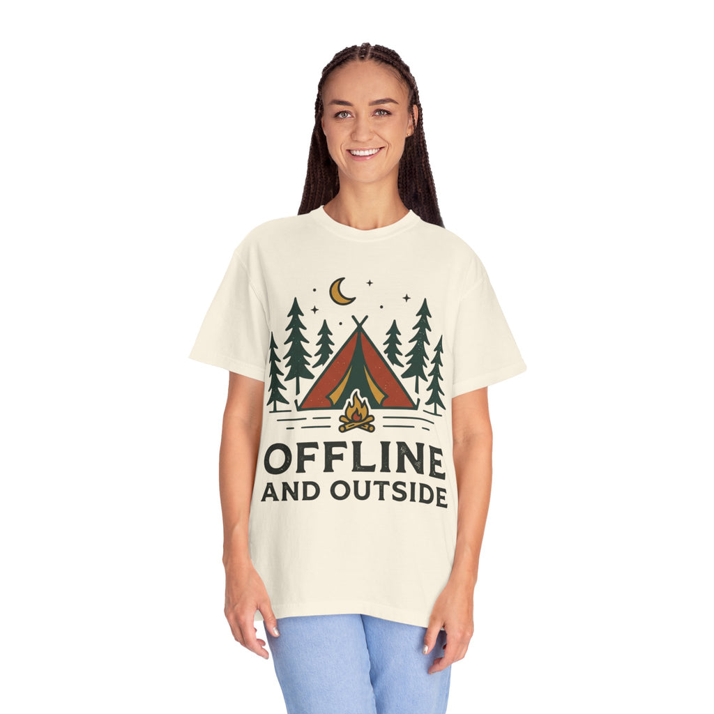 Camping T-Shirt — "Offline and Outside" Tent & Campfire Graphic