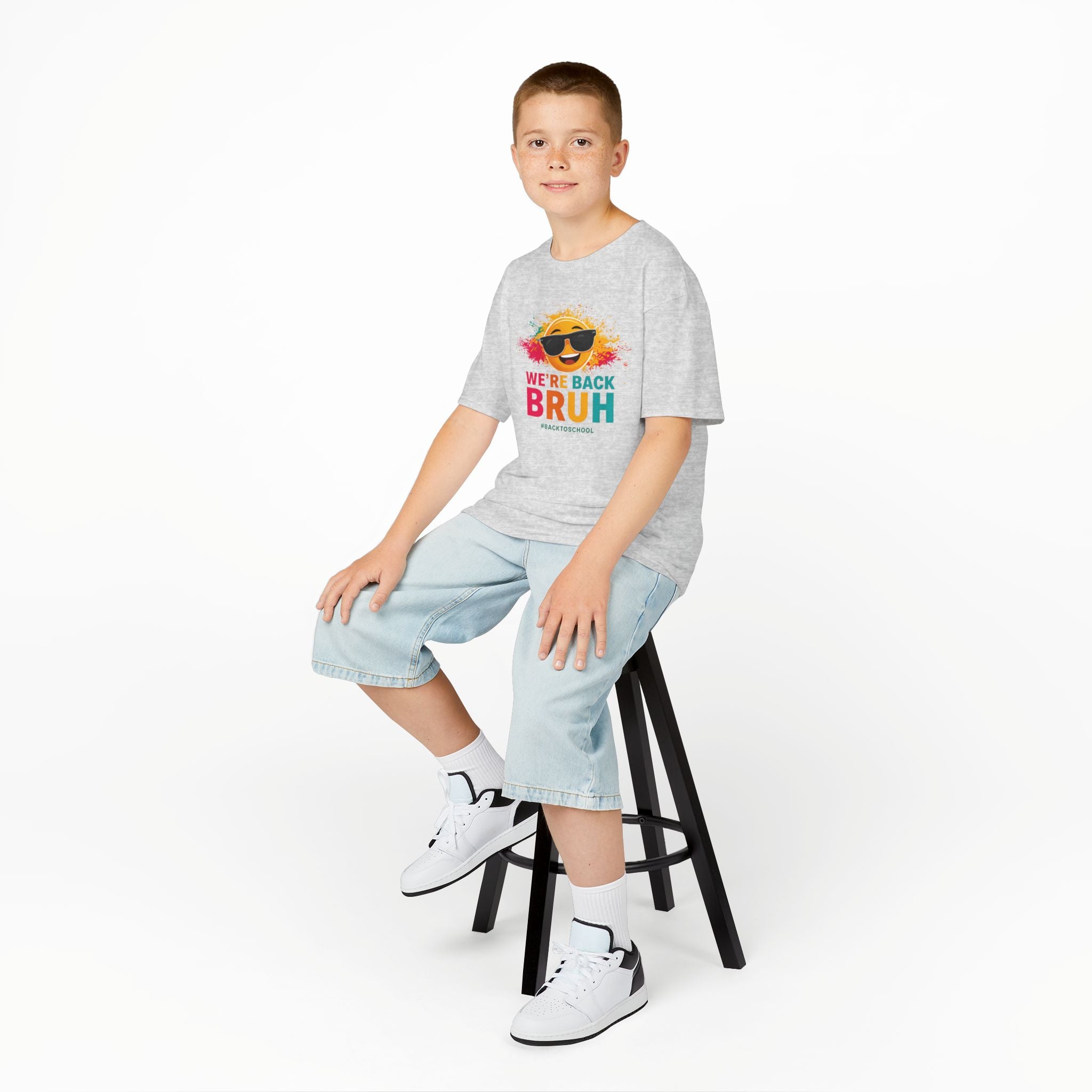 We're Back Bruh Kids Tee — Colorful Sunny Sunglasses Graphic Shirt for Kids