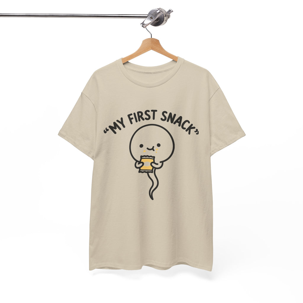 My First Snack Cute Sperm Graphic Tee — Funny Pregnancy Announcement Shirt