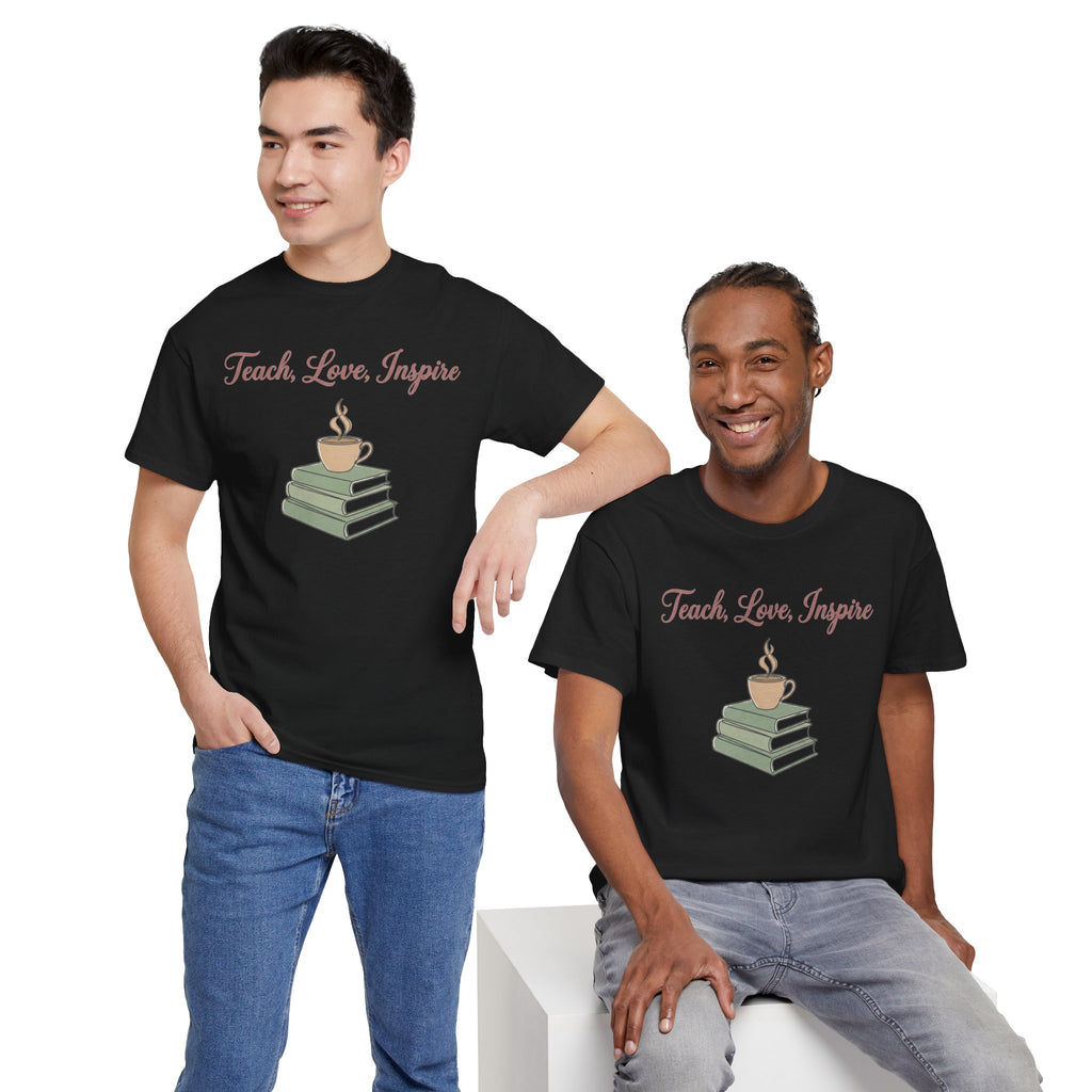 Teacher Tee — "Teach, Love, Inspire" Book & Coffee Graphic T-Shirt