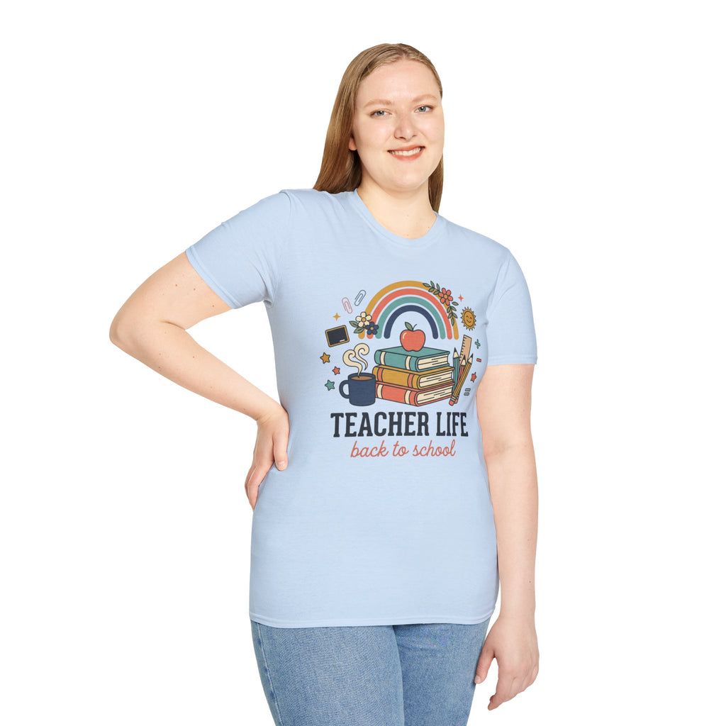 Teacher Life Back to School T-Shirt — Rainbow Books & Apple Graphic