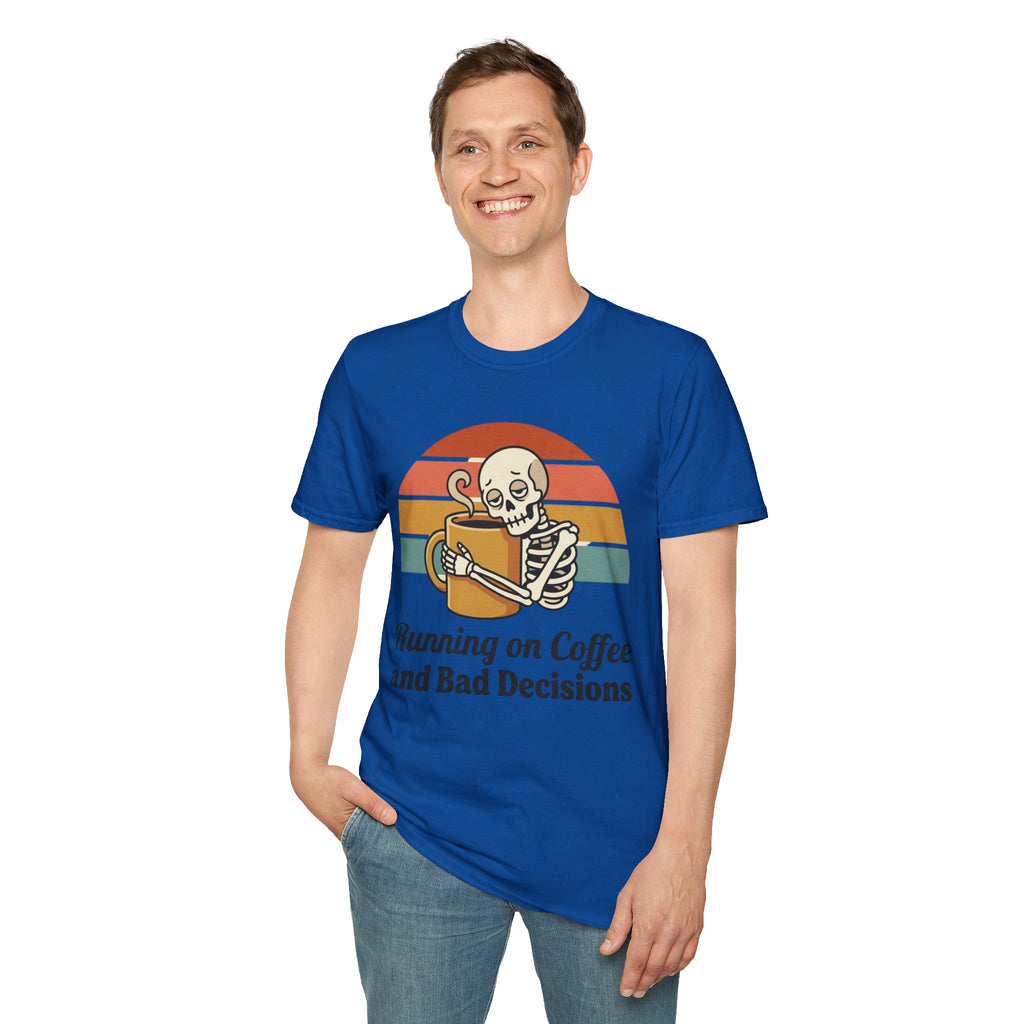 Running on Coffee and Bad Decisions T-Shirt — Retro Skeleton Coffee Tee