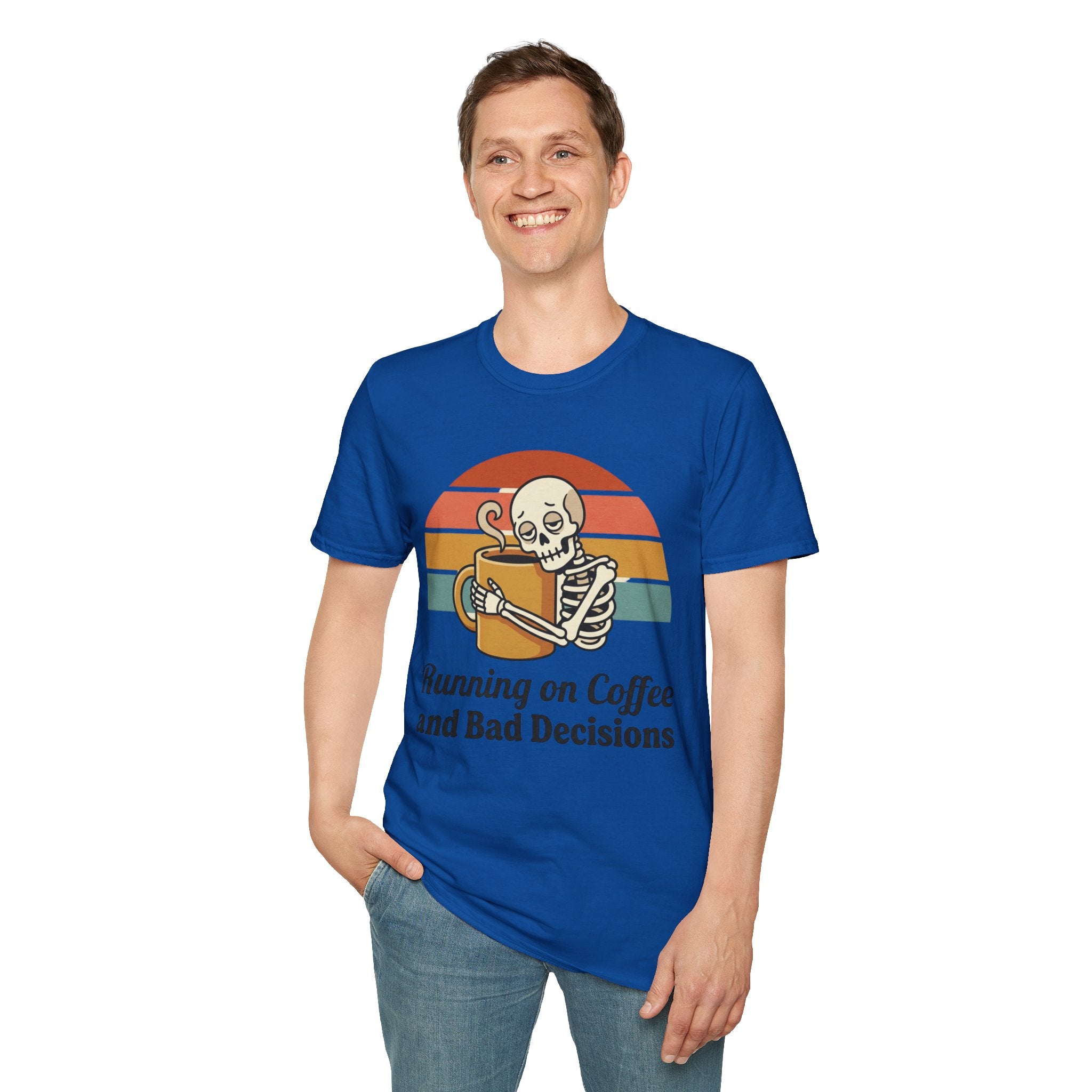 Running on Coffee and Bad Decisions T-Shirt — Retro Skeleton Coffee Tee