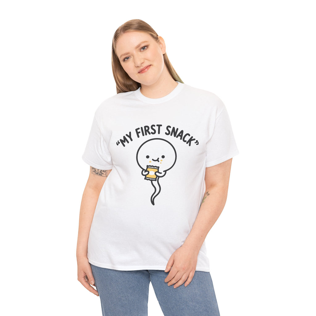My First Snack Cute Sperm Graphic Tee — Funny Pregnancy Announcement Shirt