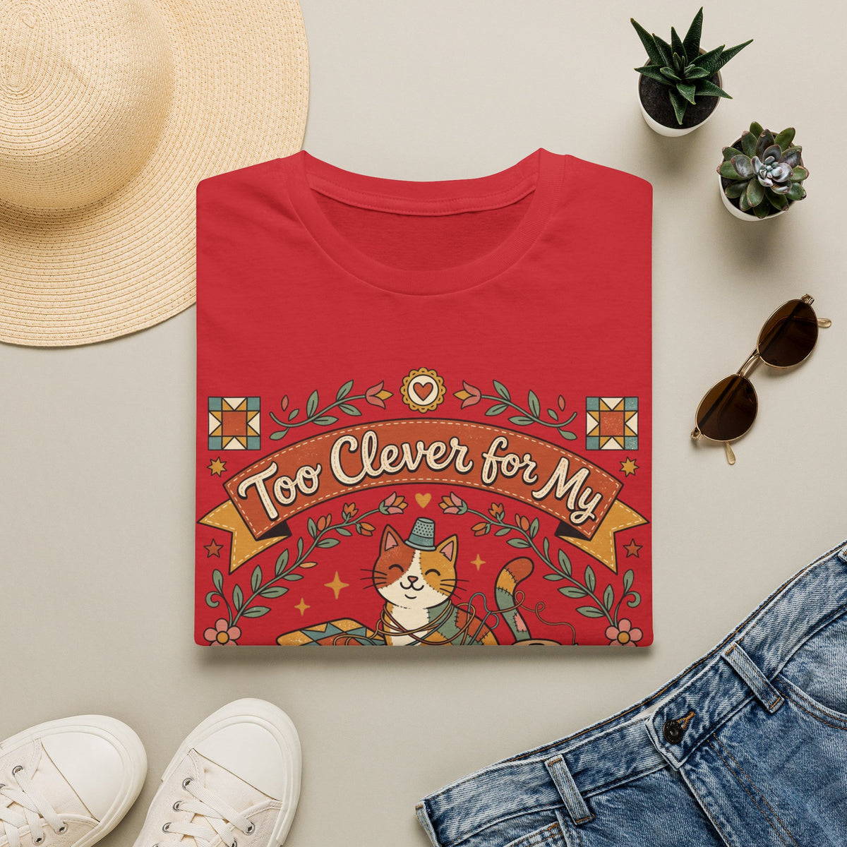 Too Clever for My Own Quilts T-Shirt — Funny Quilting Cat Graphic Tee