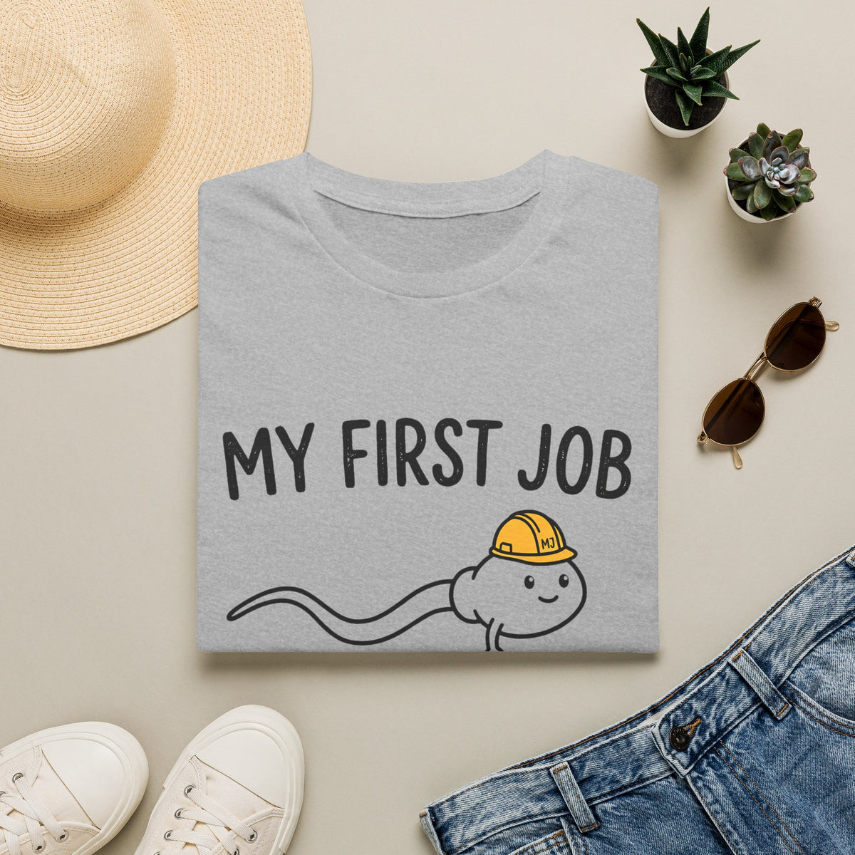 My First Job T-Shirt — Cute Sperm Cell Cartoon Construction Helmet Tee