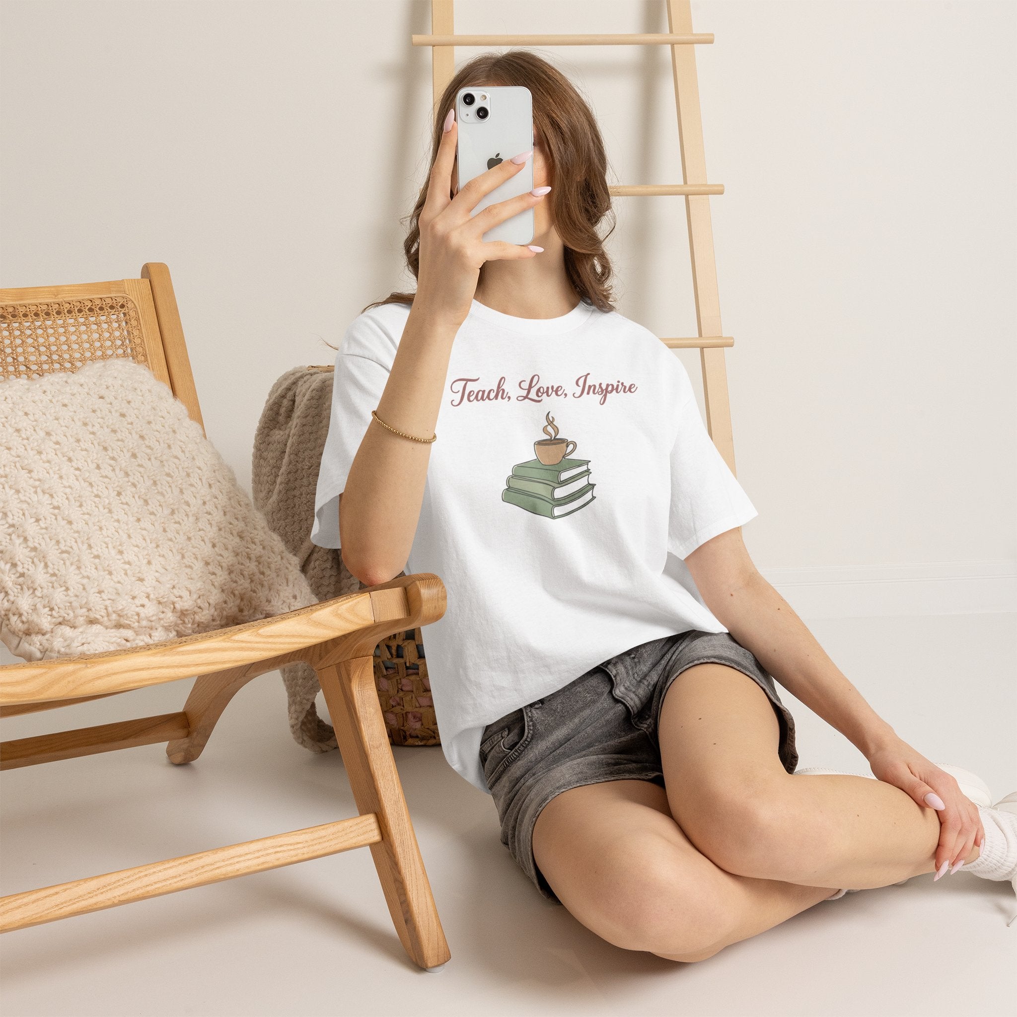 Teacher Tee — "Teach, Love, Inspire" Book & Coffee Graphic T-Shirt