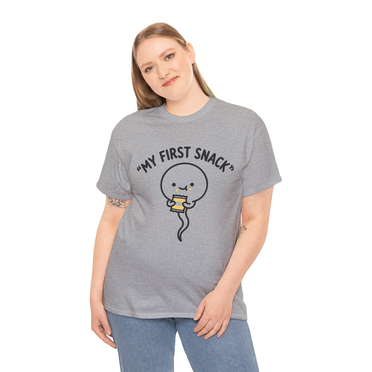 My First Snack Cute Sperm Graphic Tee — Funny Pregnancy Announcement Shirt