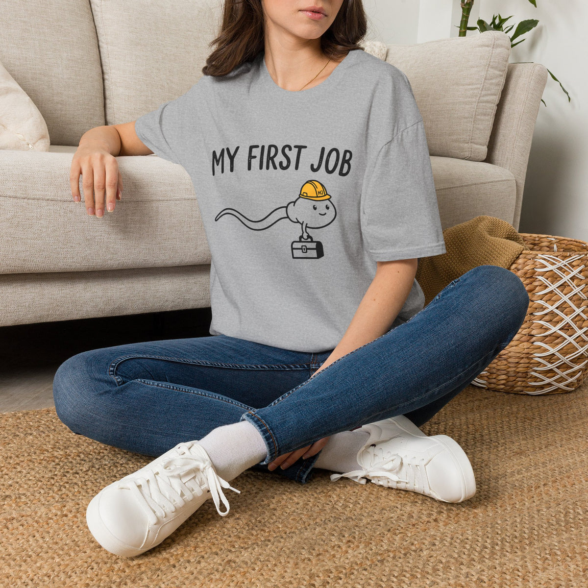 My First Job T-Shirt — Cute Sperm Cell Cartoon Construction Helmet Tee